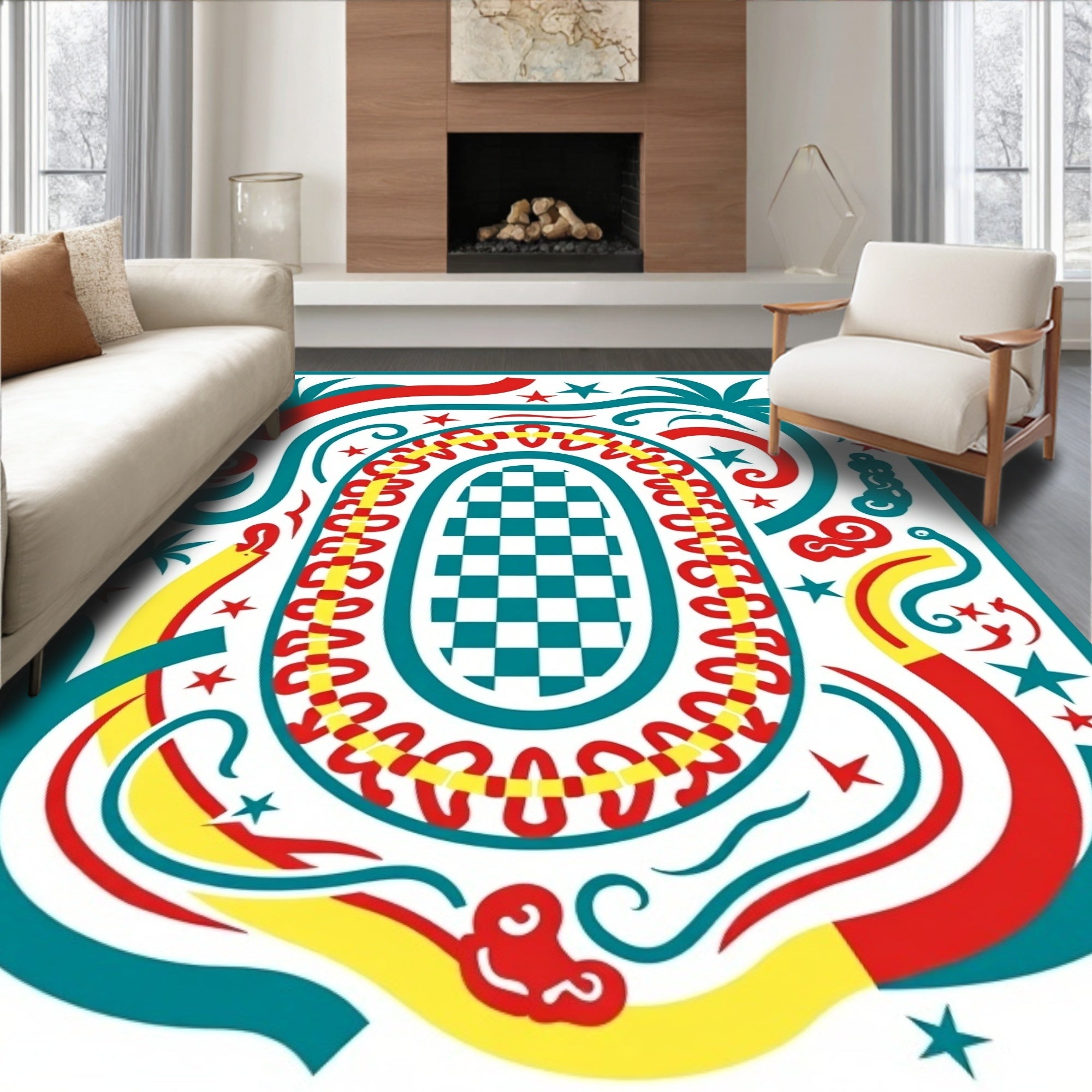 Tropical Checkerboard Oval Red Teal Rug