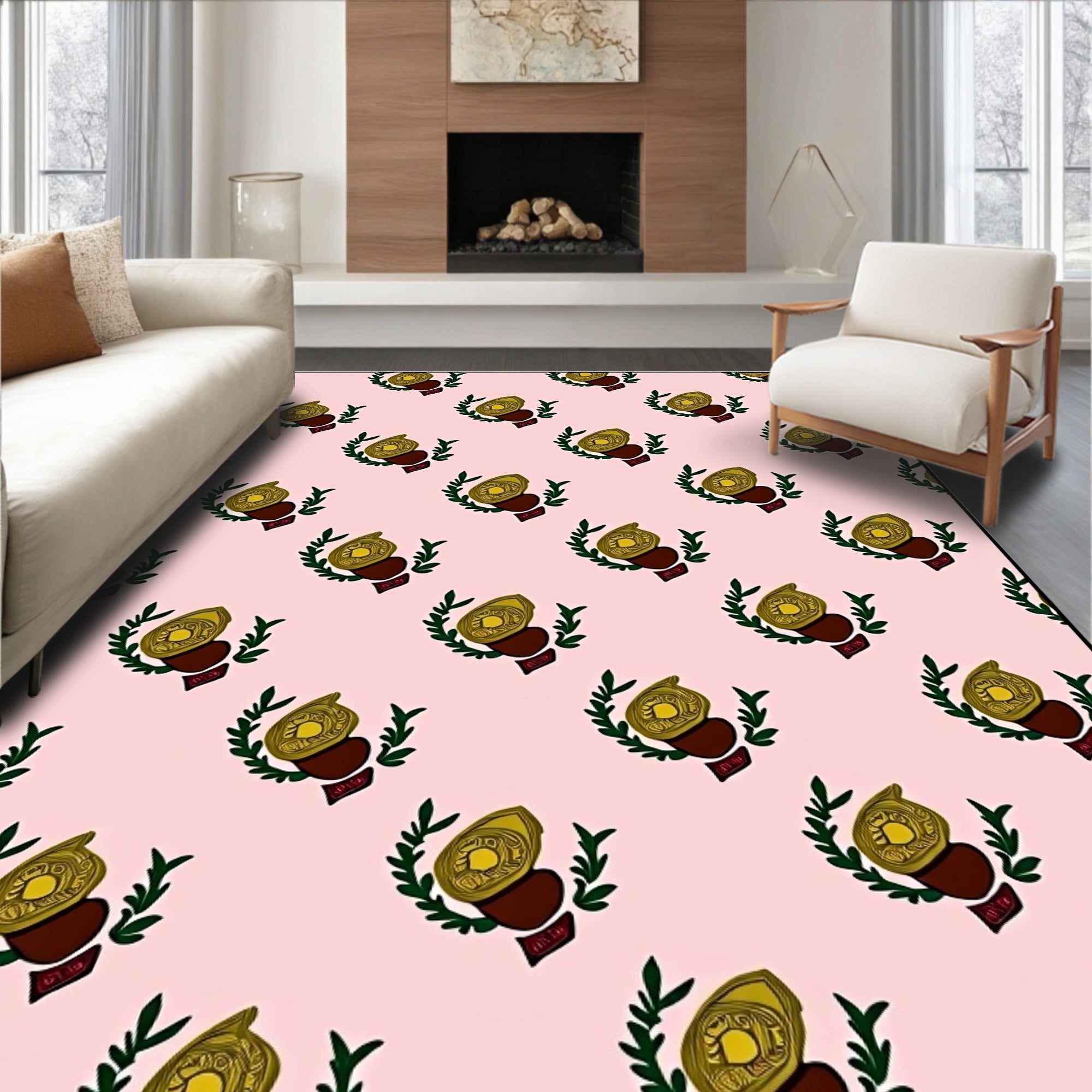 Pink Gold Laurel Leaf Emblem Rug