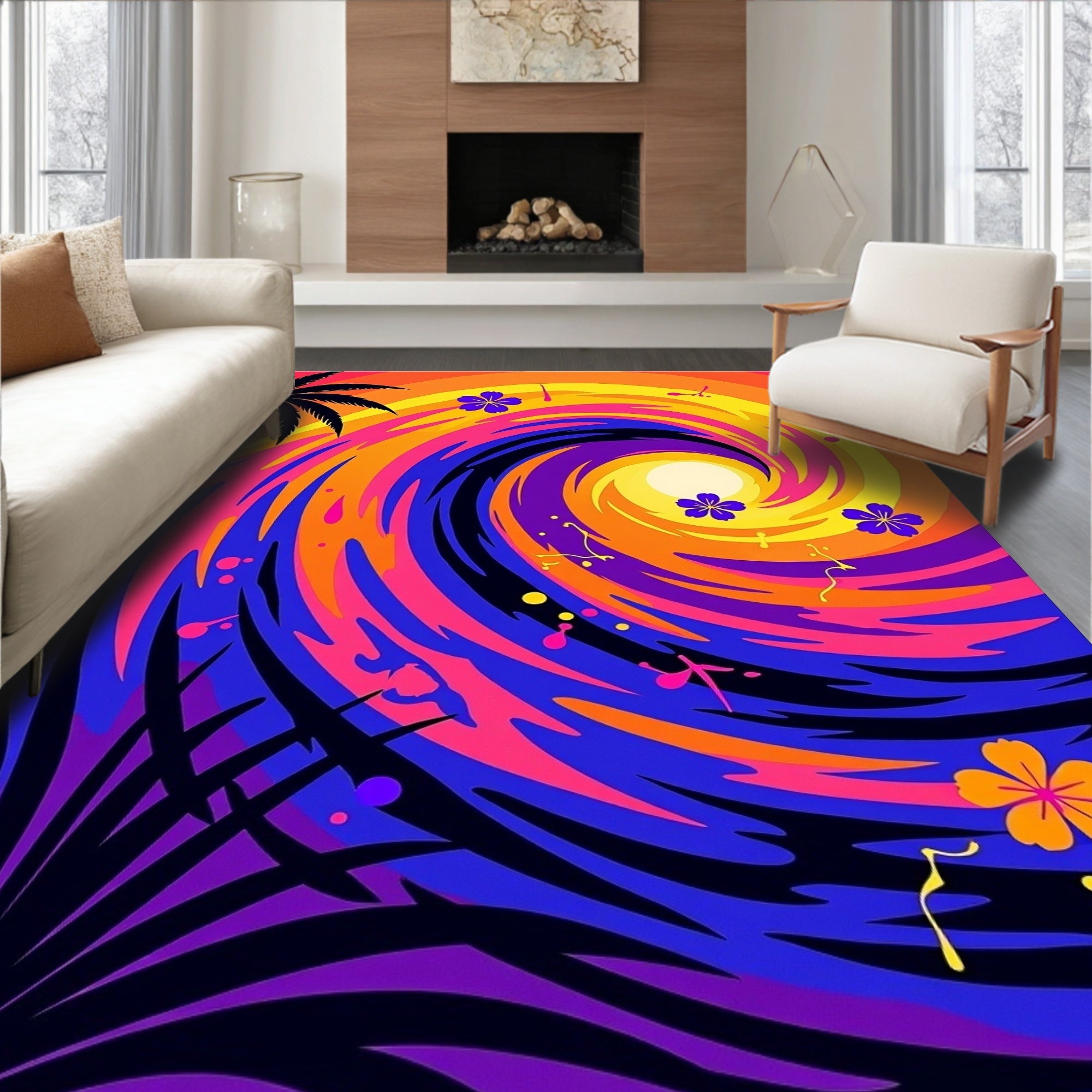 Vibrant Tropical Swirl Palm Tree Rug