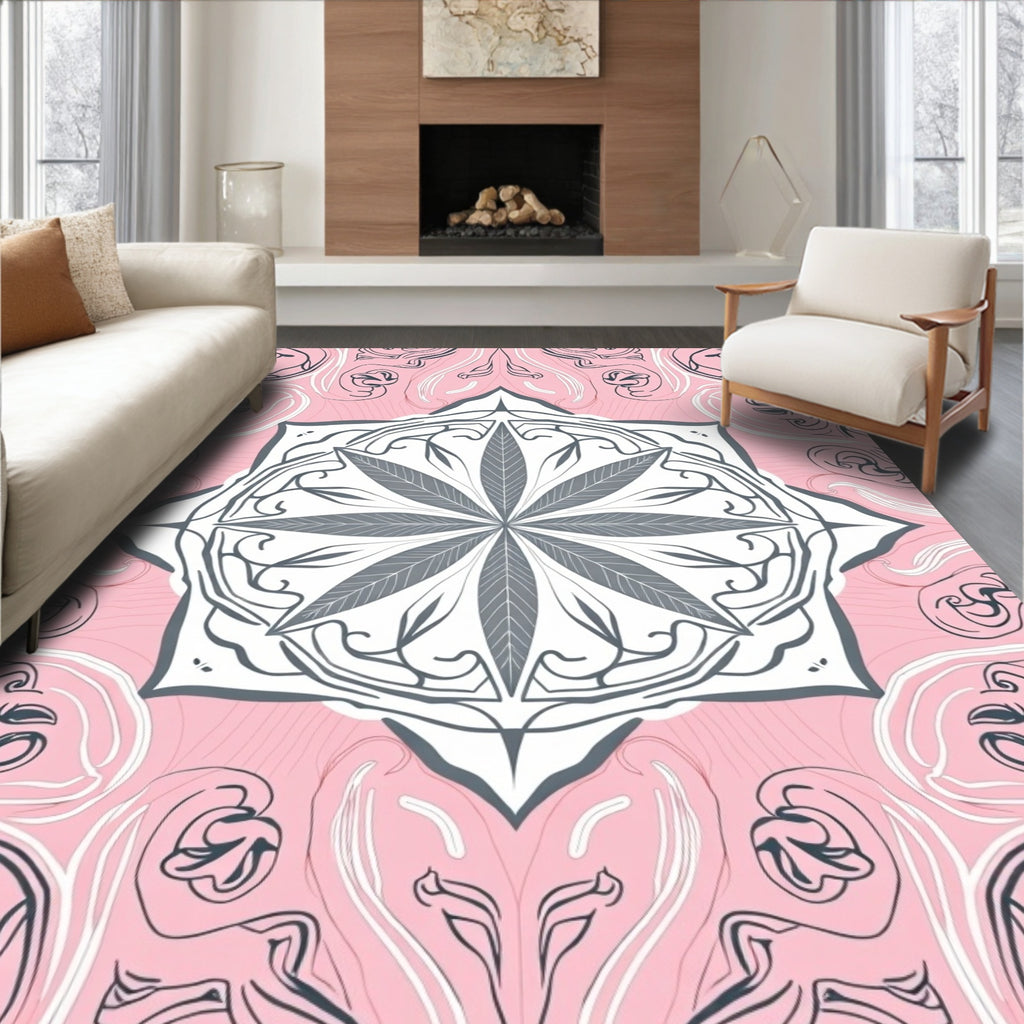 Pink Gray Mandala Floral Art Rug