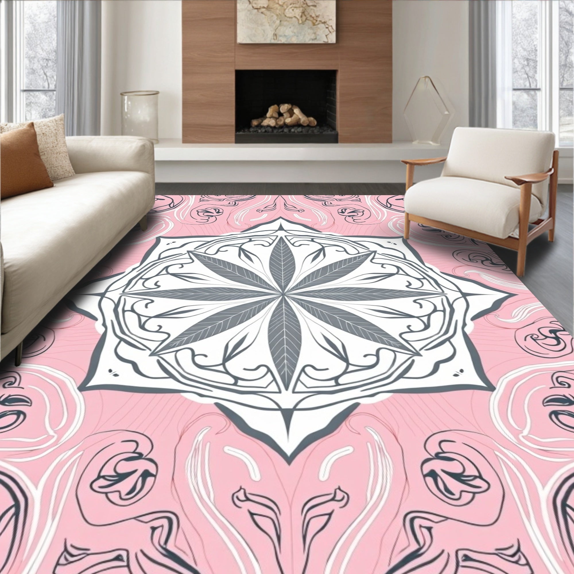 Pink Gray Mandala Floral Art Rug