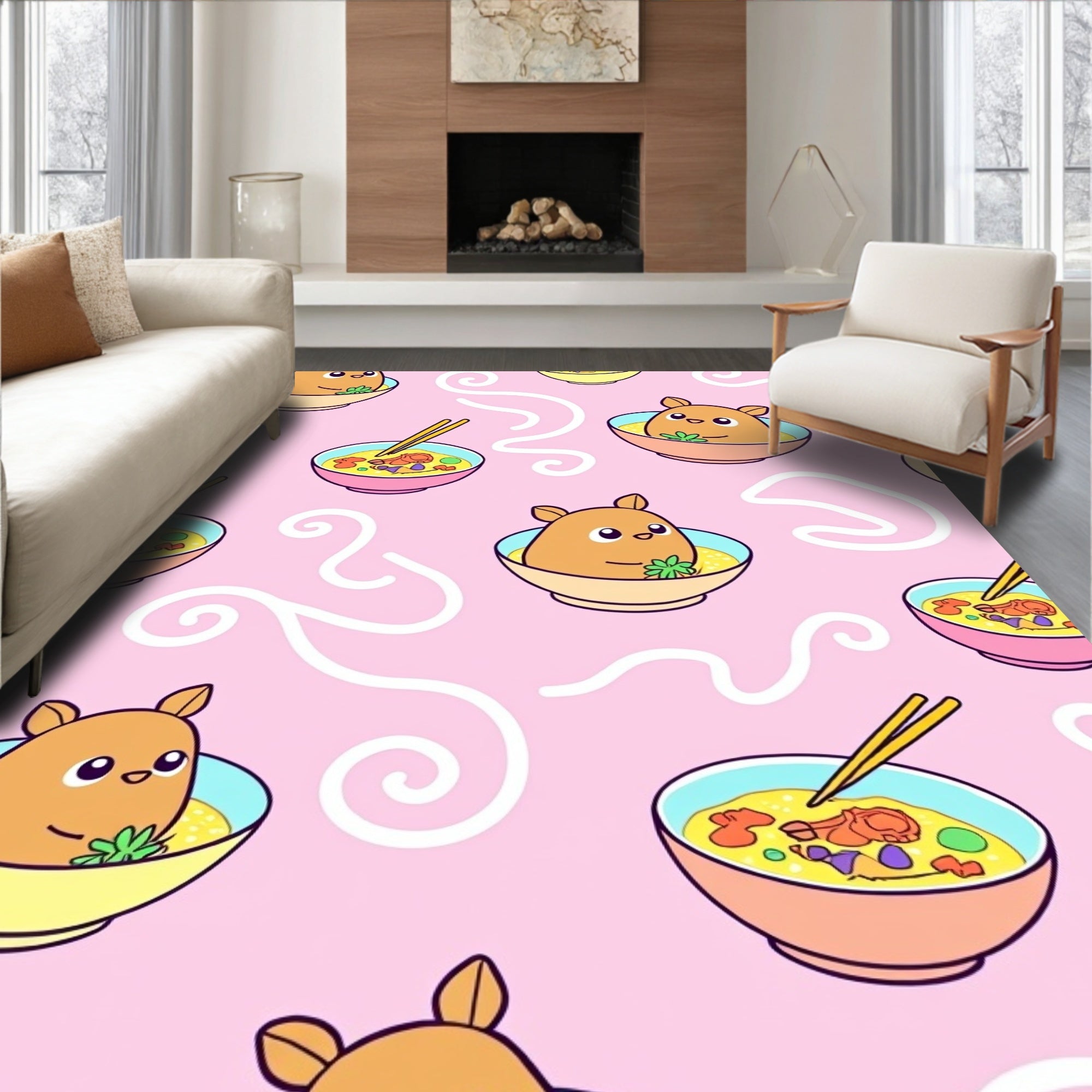Cute Brown Bear Ramen Bowl Pink Rug