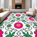 Vibrant Pink Green Floral Folk Art Rug