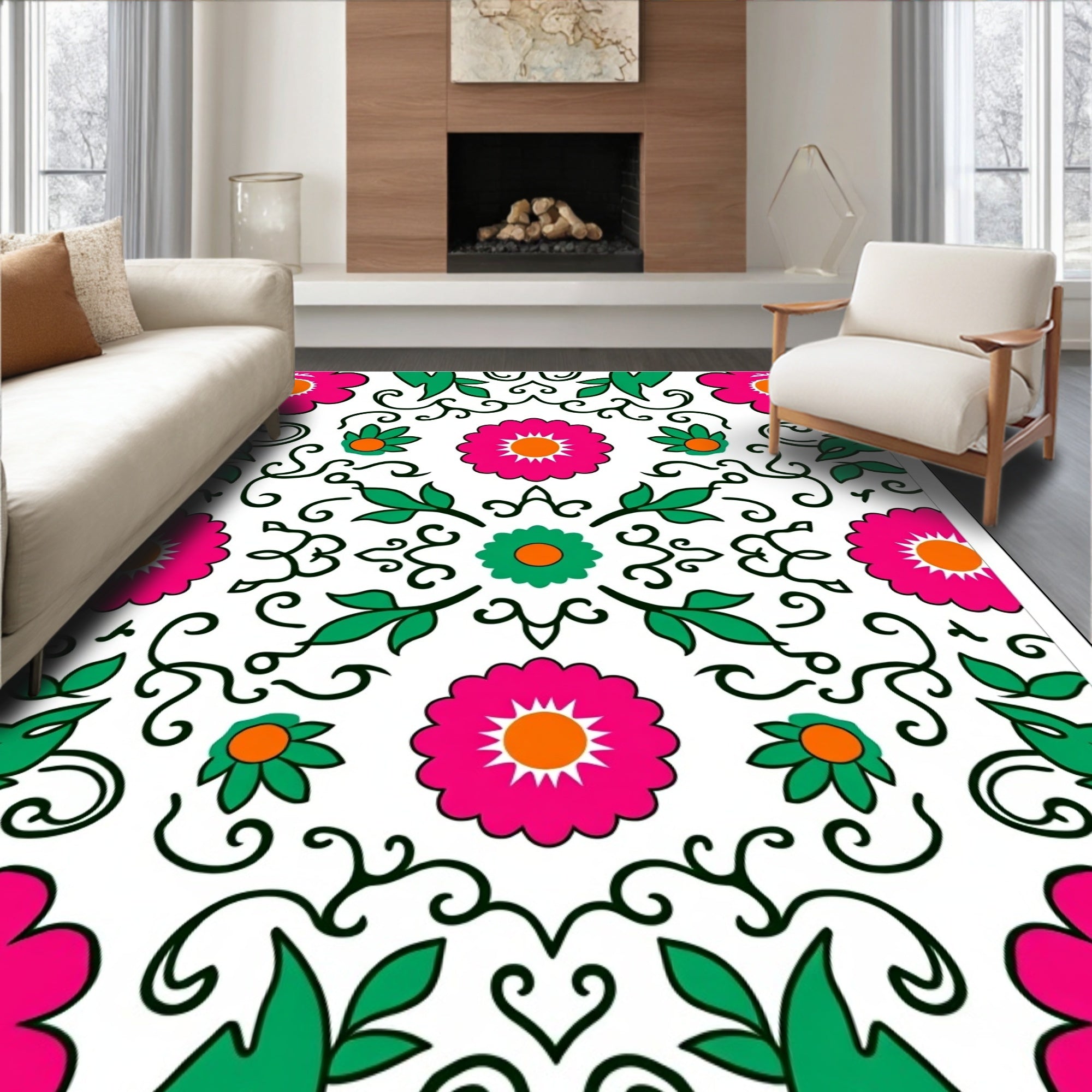 Vibrant Pink Green Floral Folk Art Rug