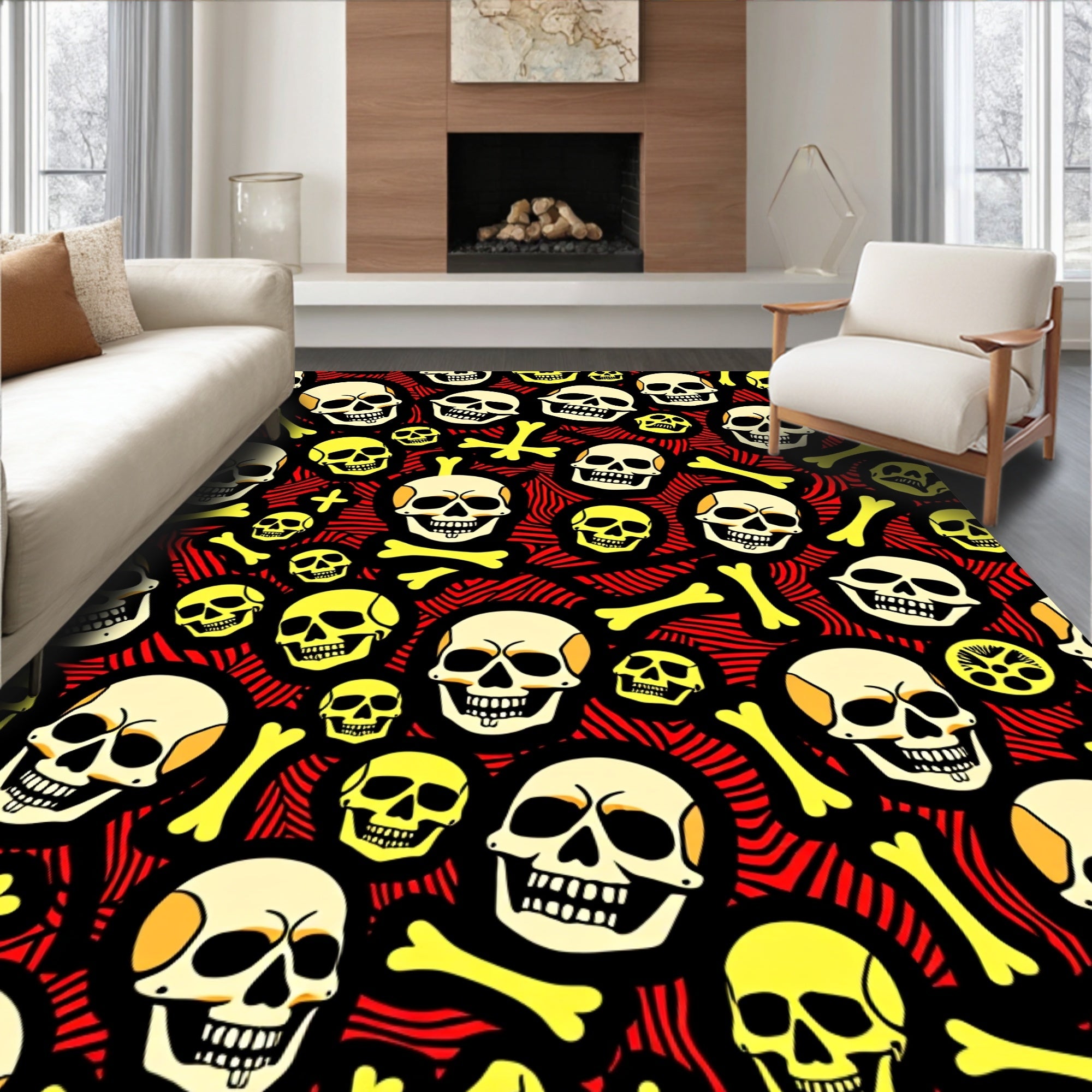 Spooky Skulls Bones Red Swirls Rug