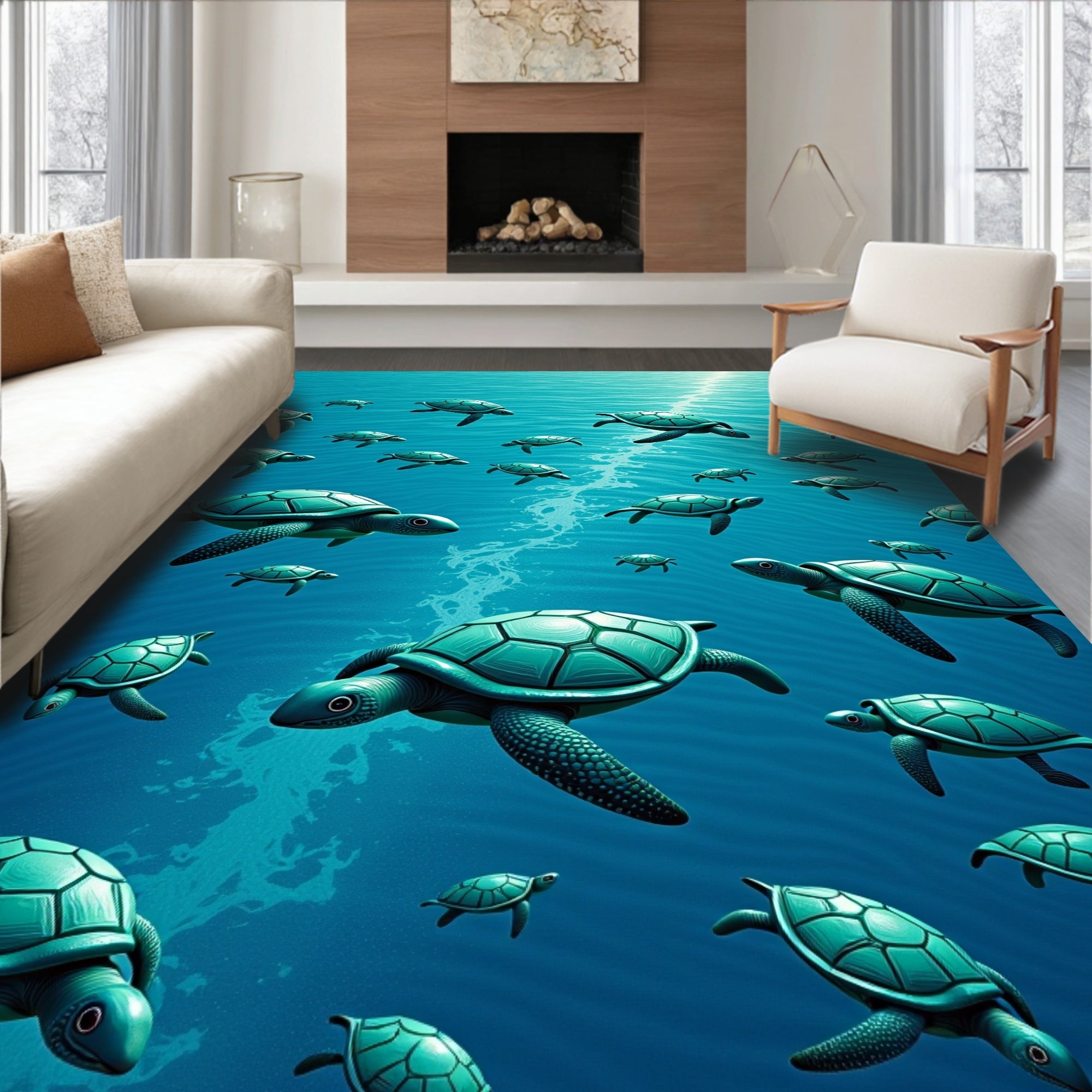 Turquoise Sea Turtle Migration Deep Ocean Rug