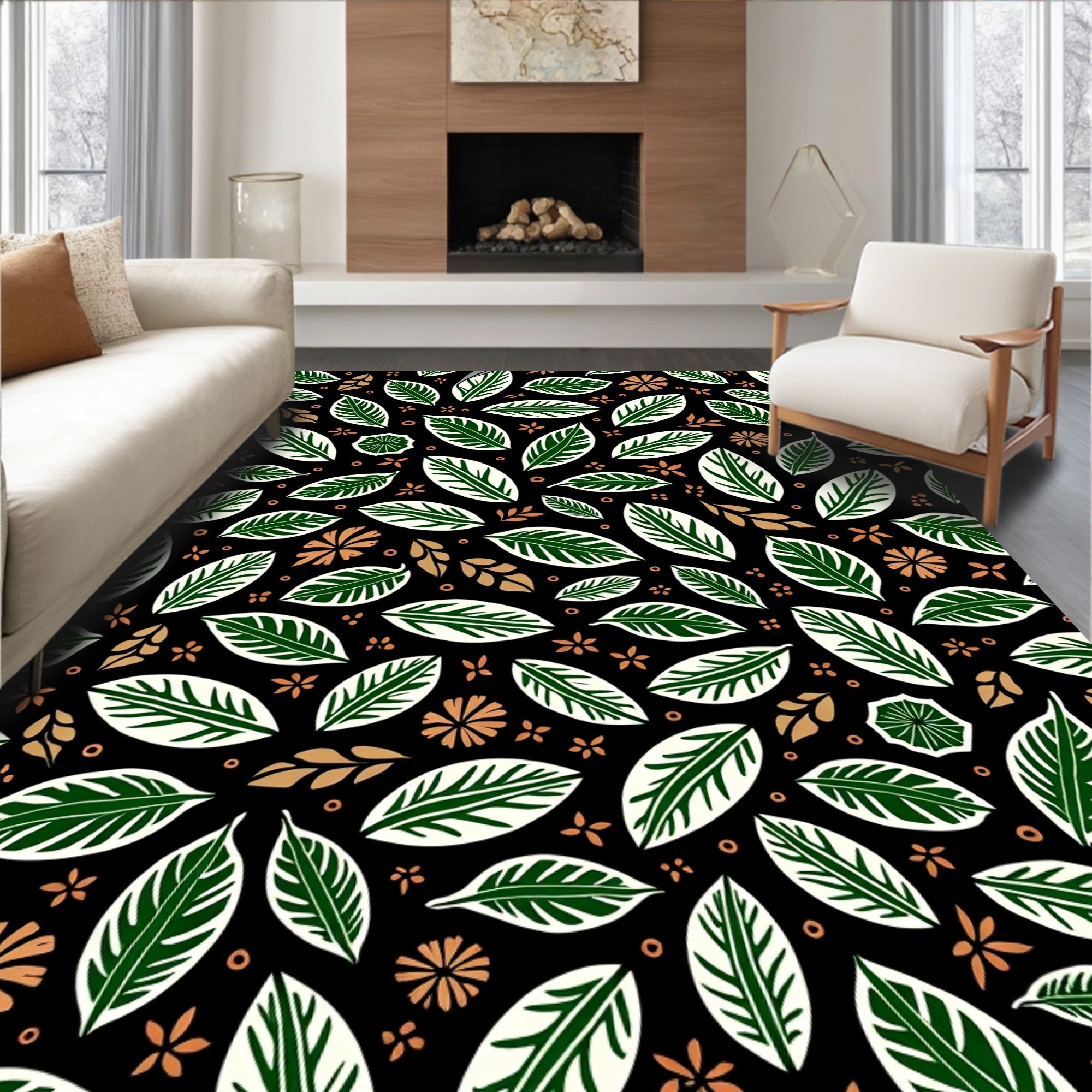 Tropical Green Leaves Autumn Bloom Rug