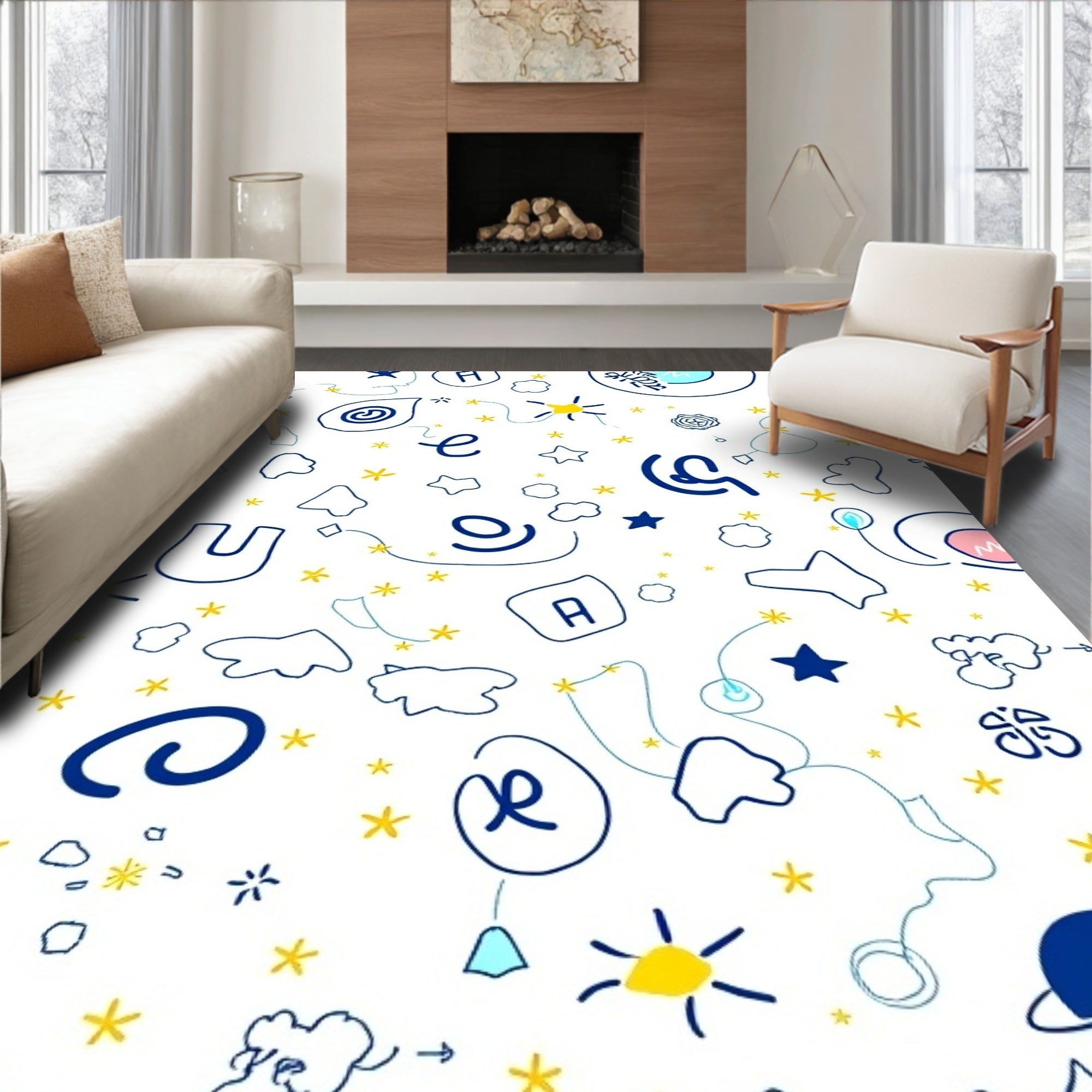 Whimsical Blue Starry Sky Animals Rug