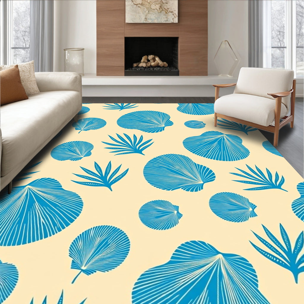 Oceanic Blue Shells and Fronds Rug
