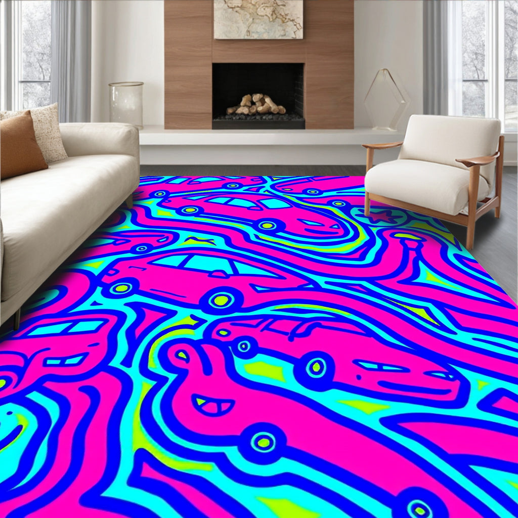 Funky Pink Car Abstract Waves Rug
