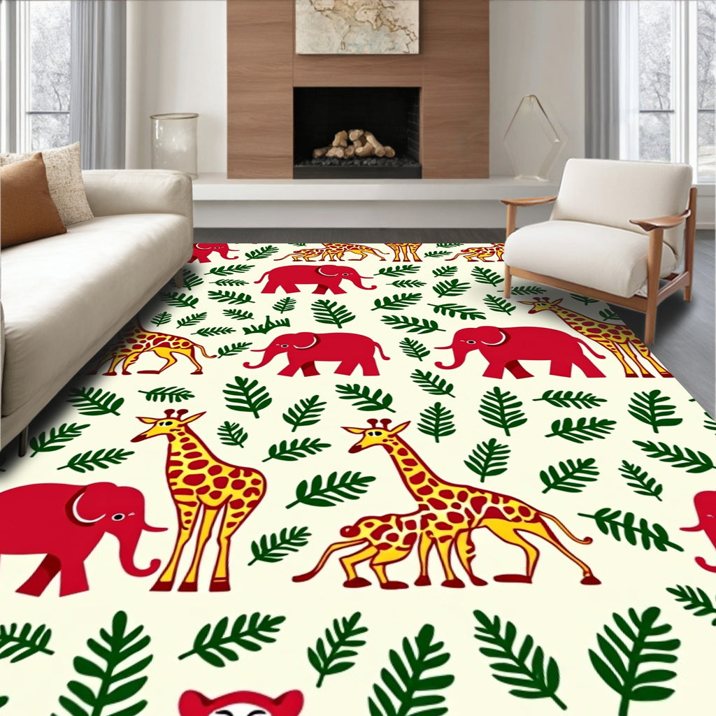 Red Elephants and Giraffes Garden Rug