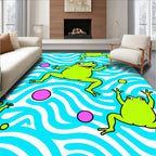 Vibrant Lime Frogs Blue Wave Circles Rug