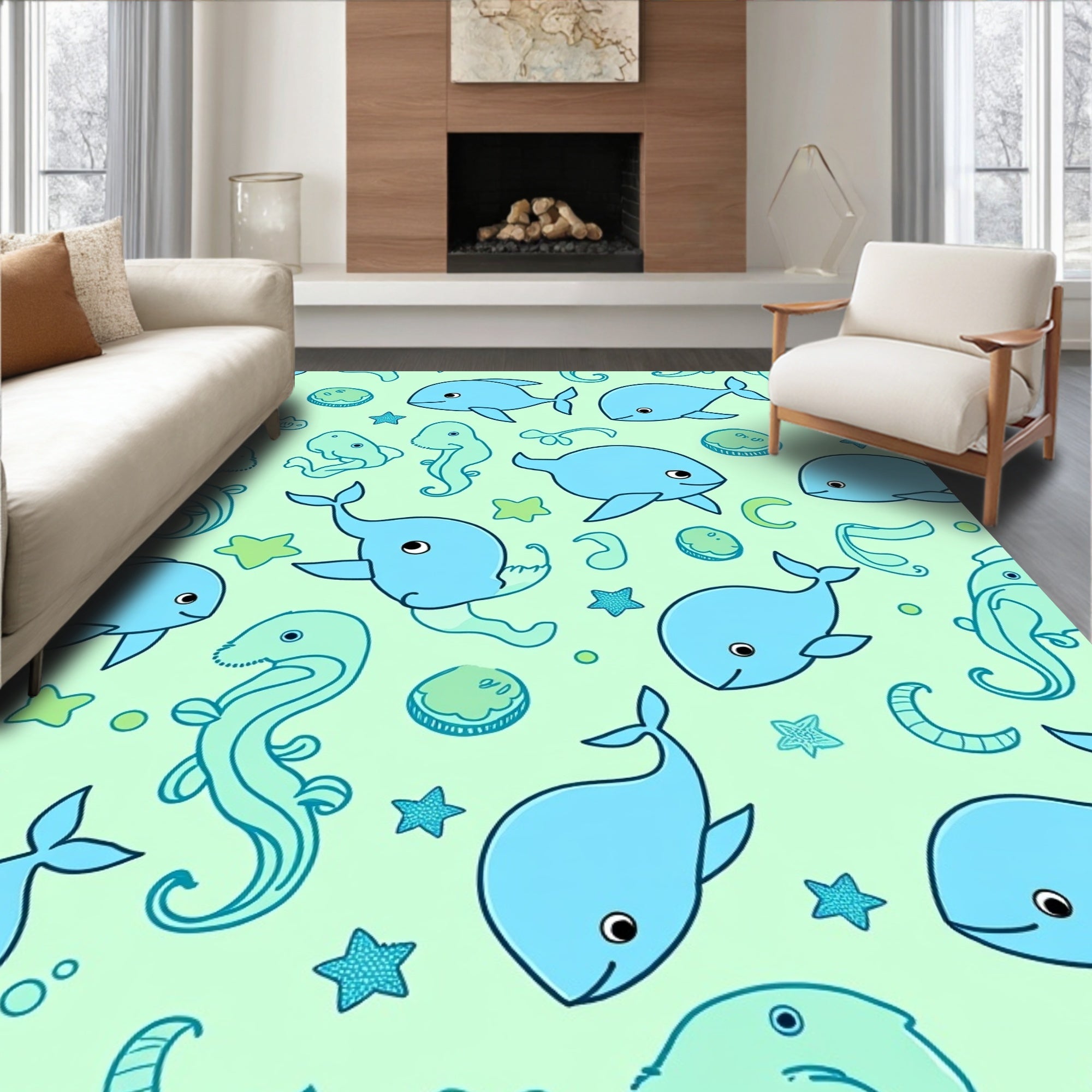 Aqua Blue Underwater Whales Starfish Creatures Rug