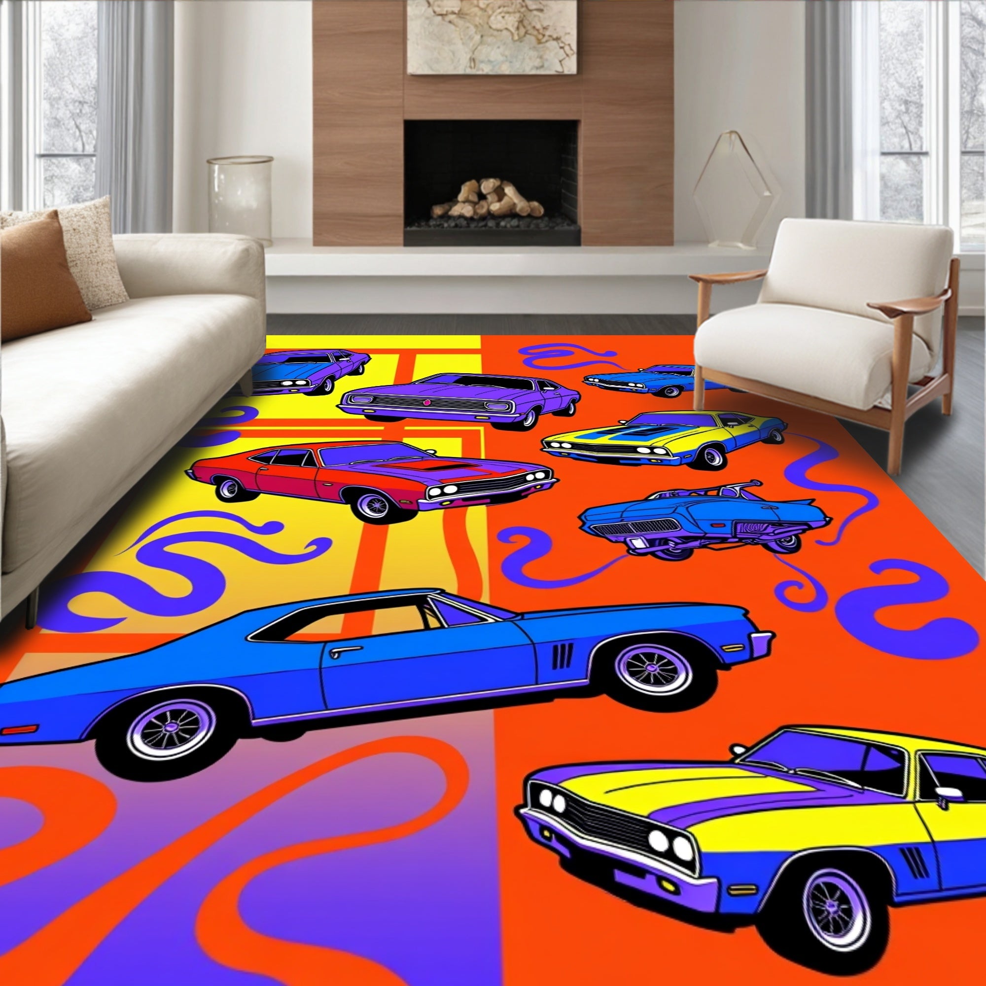 Retro Muscle Cars Vibrant Playfulness Rug