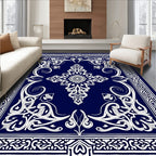 Dark Blue White Floral Medallion Tapestry Rug