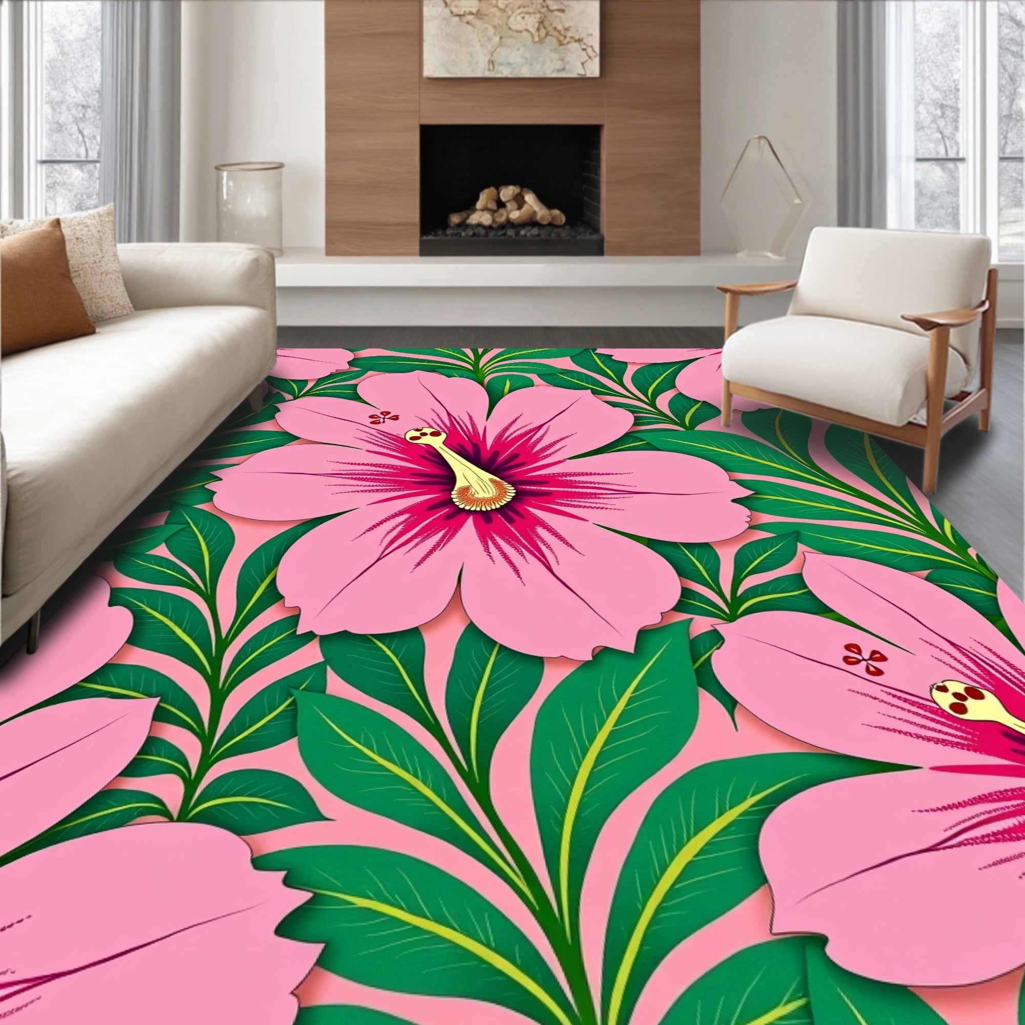 Pink Hibiscus Floral Tropical Rug