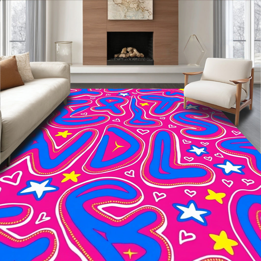 Funky Pink Blue Yellow Stars Heart Rug