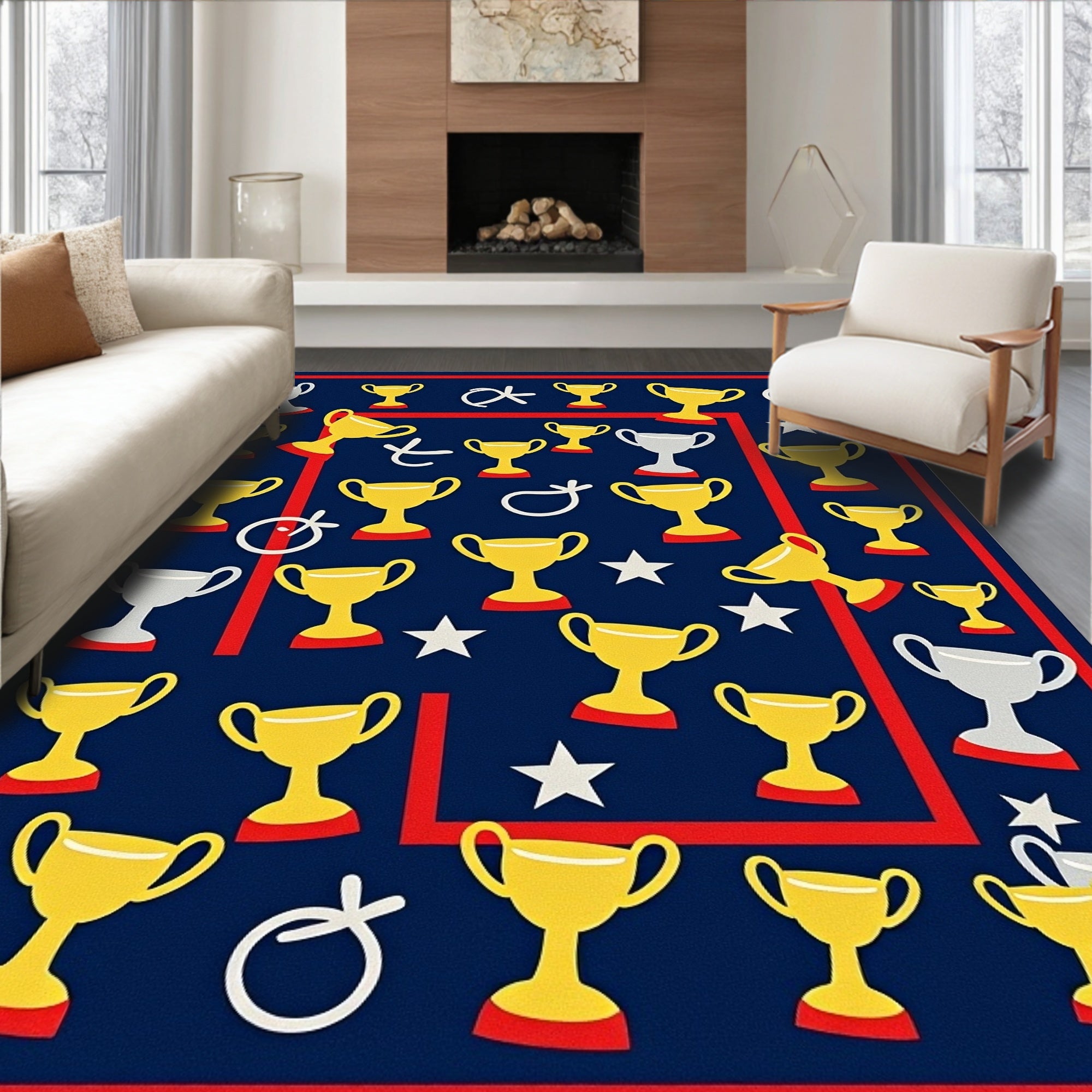 Gold Trophy Red Star Navy Background Rug
