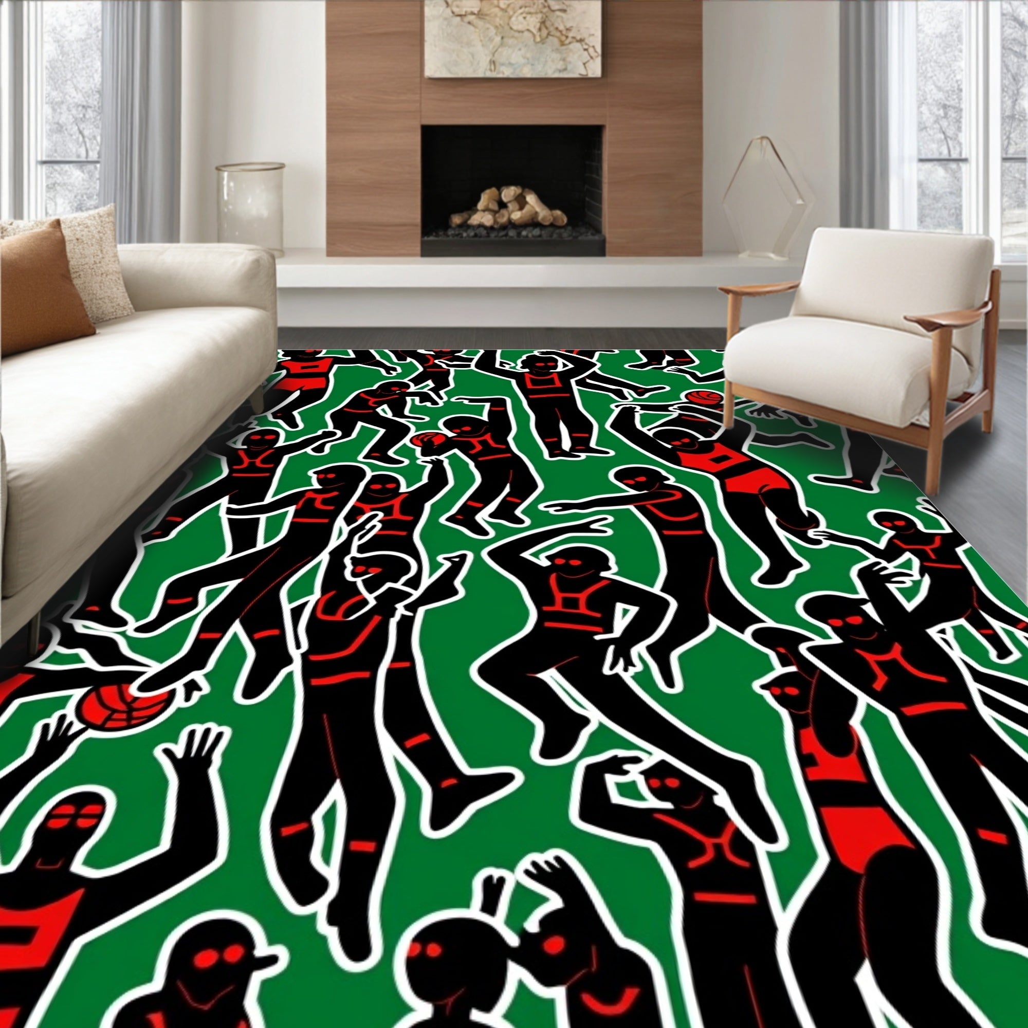 Dynamic Black Red Figures Green Field Rug