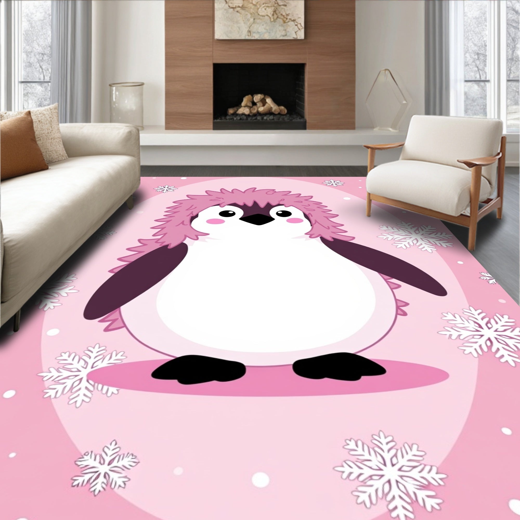 Cute Pink Penguin Snowflakes Background Rug