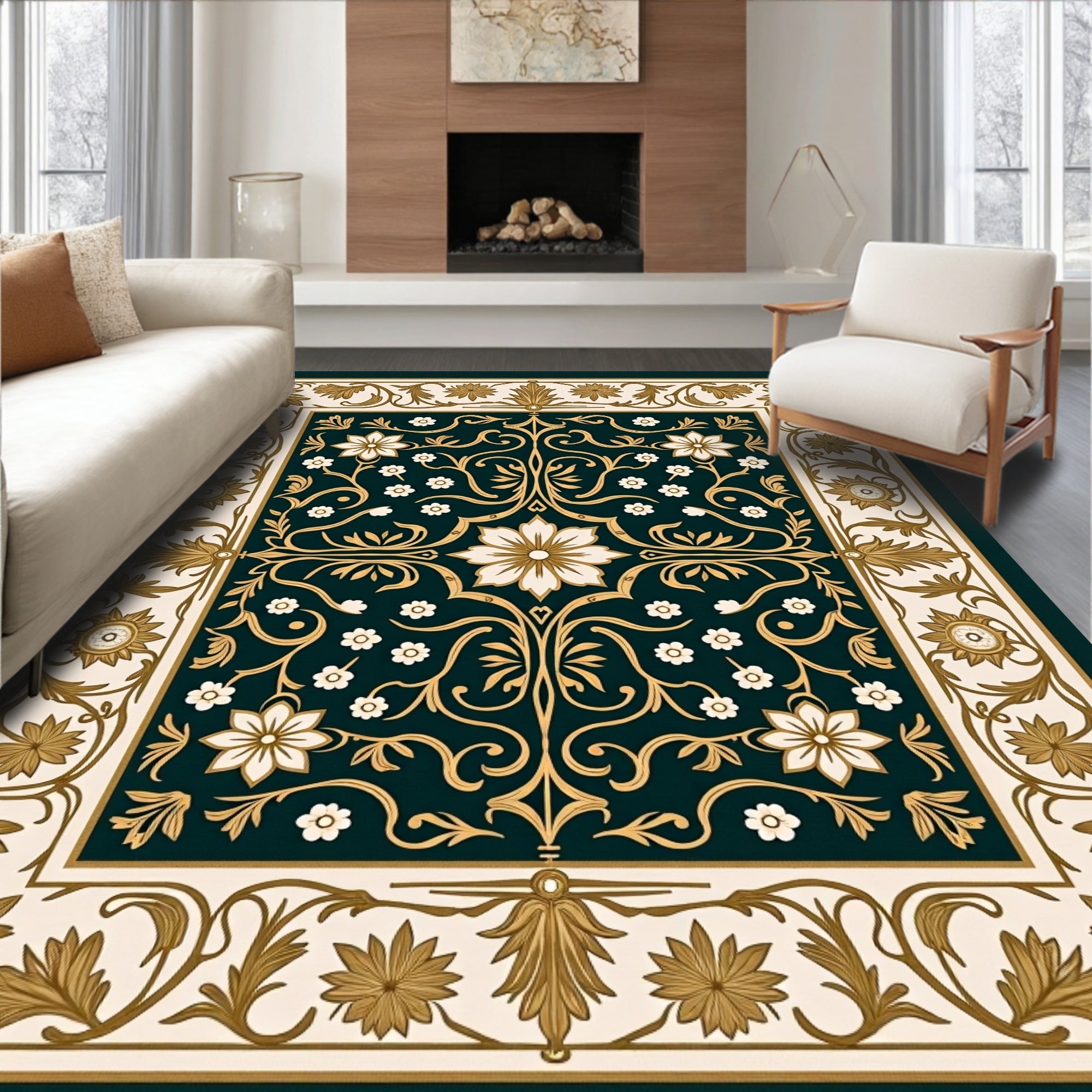 Deep Teal Floral Scroll Work Rug