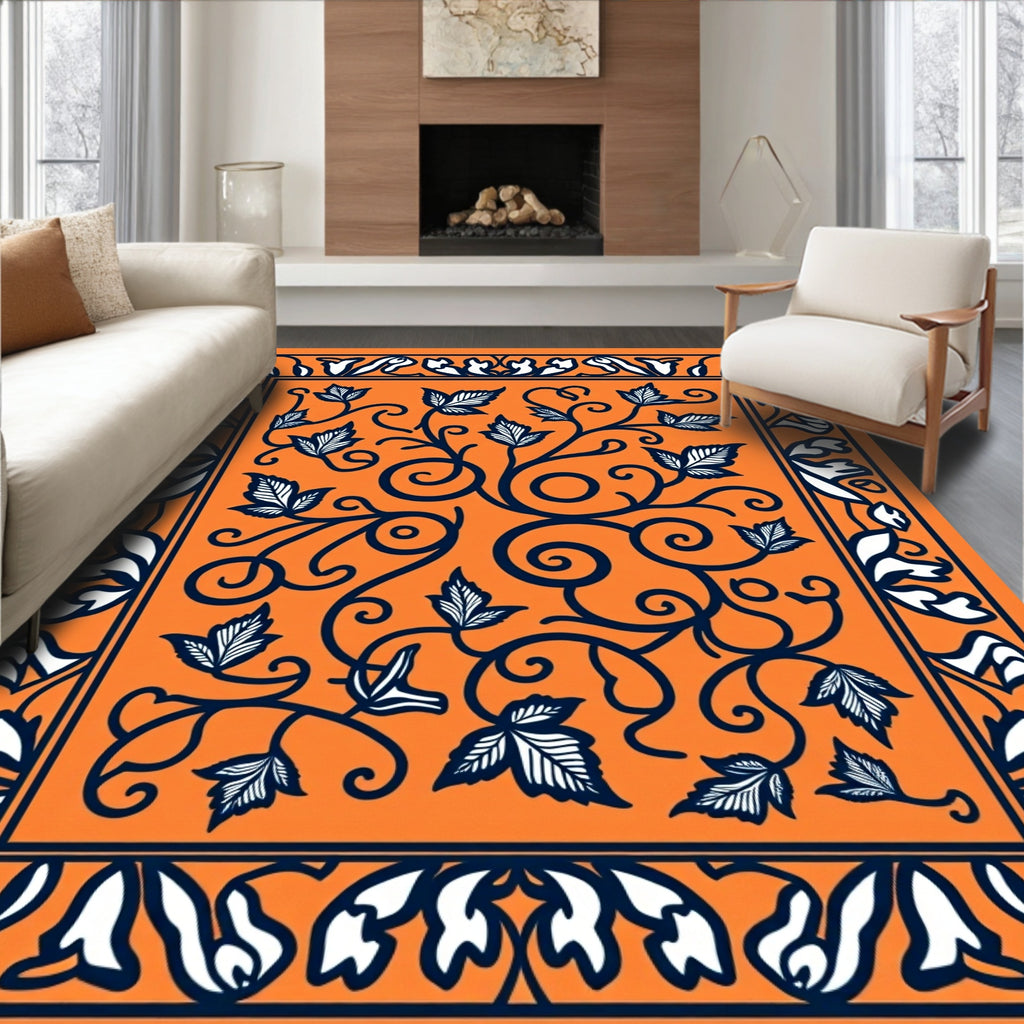 Orange Vine Leaf Scrollwork Border Rug