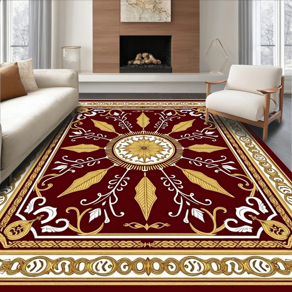 Deep Red Golden Floral Medallion Rug