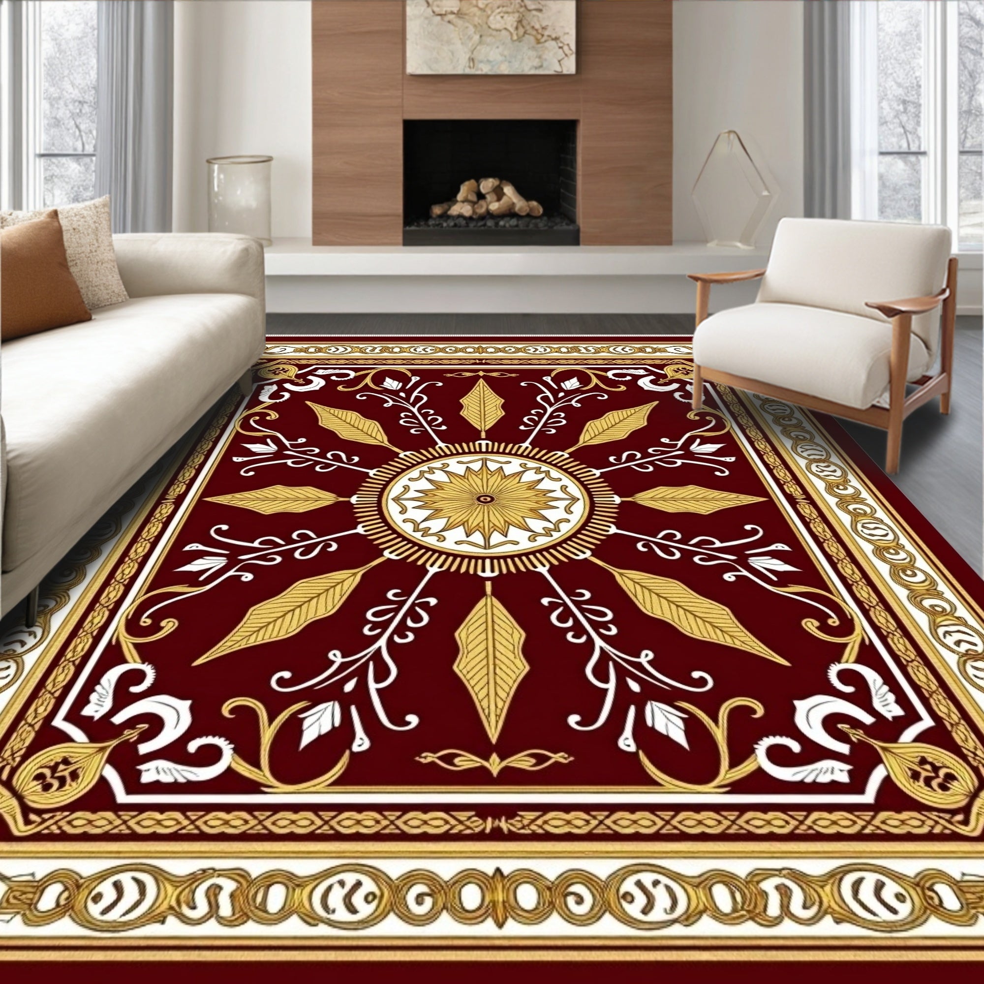 Deep Red Golden Floral Medallion Rug