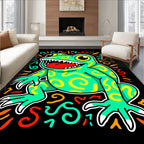 Vibrant Green Frog Swirls Abstract Art Rug