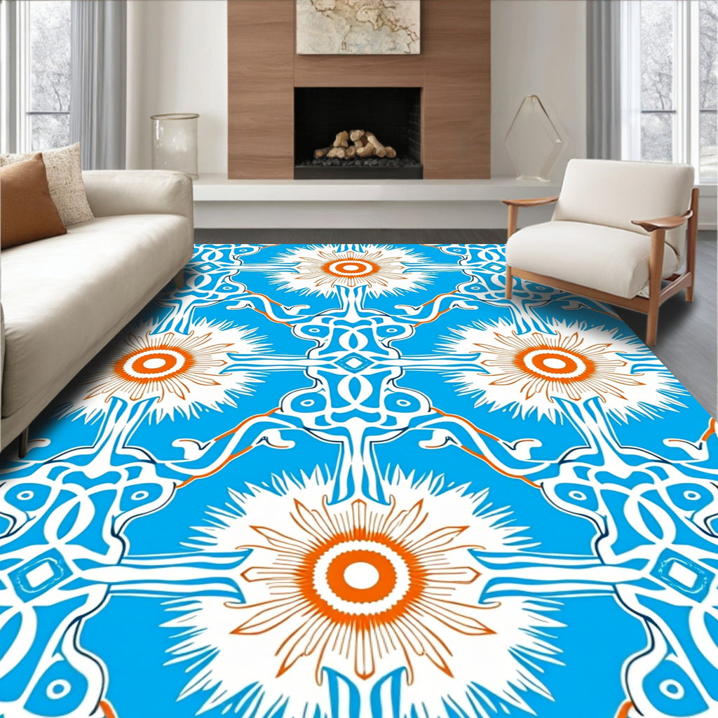 Azure Sunburst Geometric Art Rug
