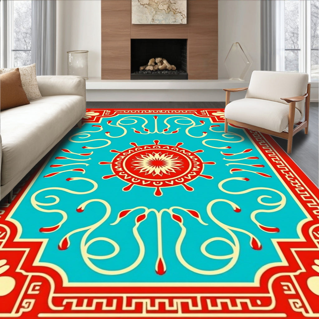 Crimson Aqua Abstract Floral Medallion Rug