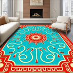 Crimson Aqua Abstract Floral Medallion Rug