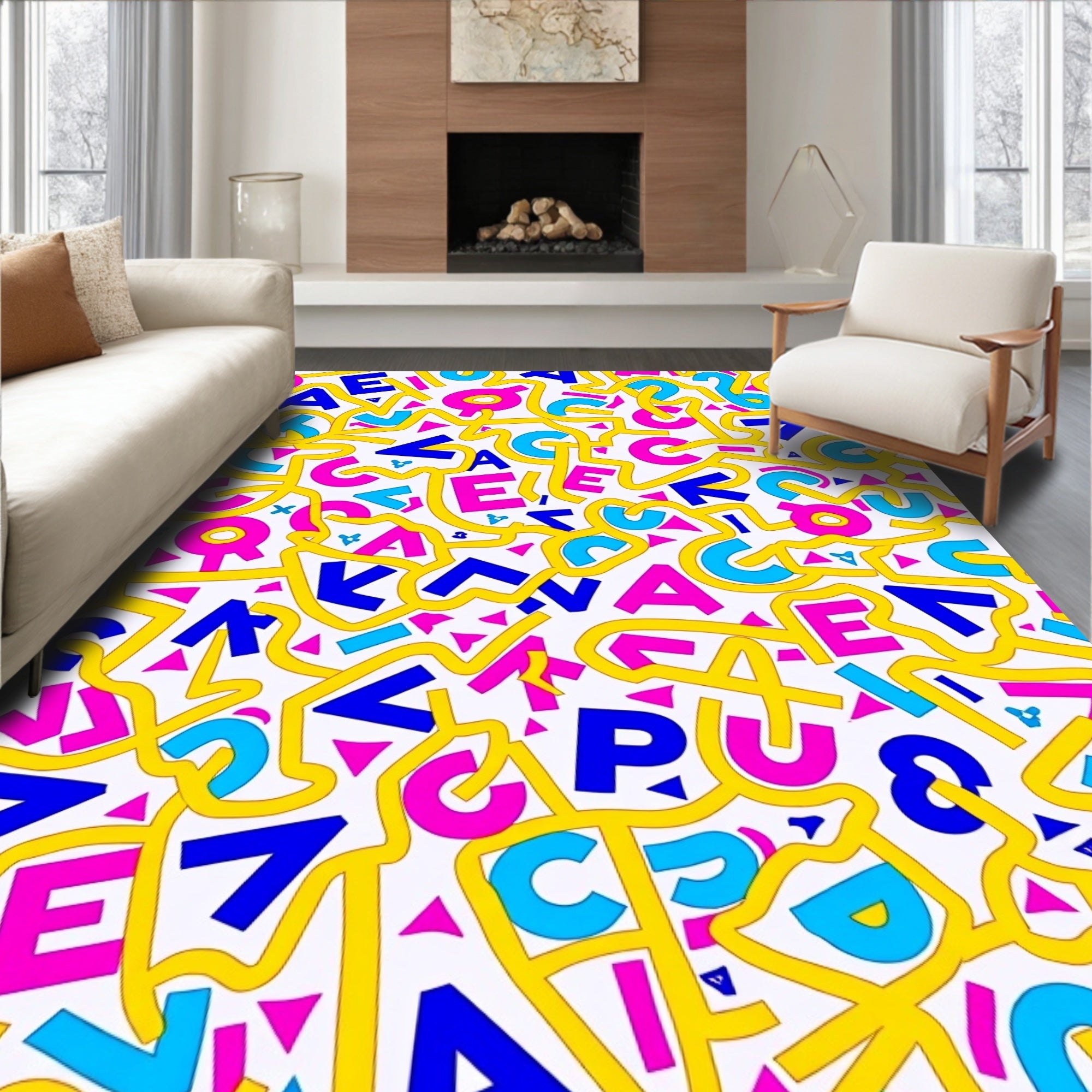 Retro Alphabet Collage Yellow Maze Rug