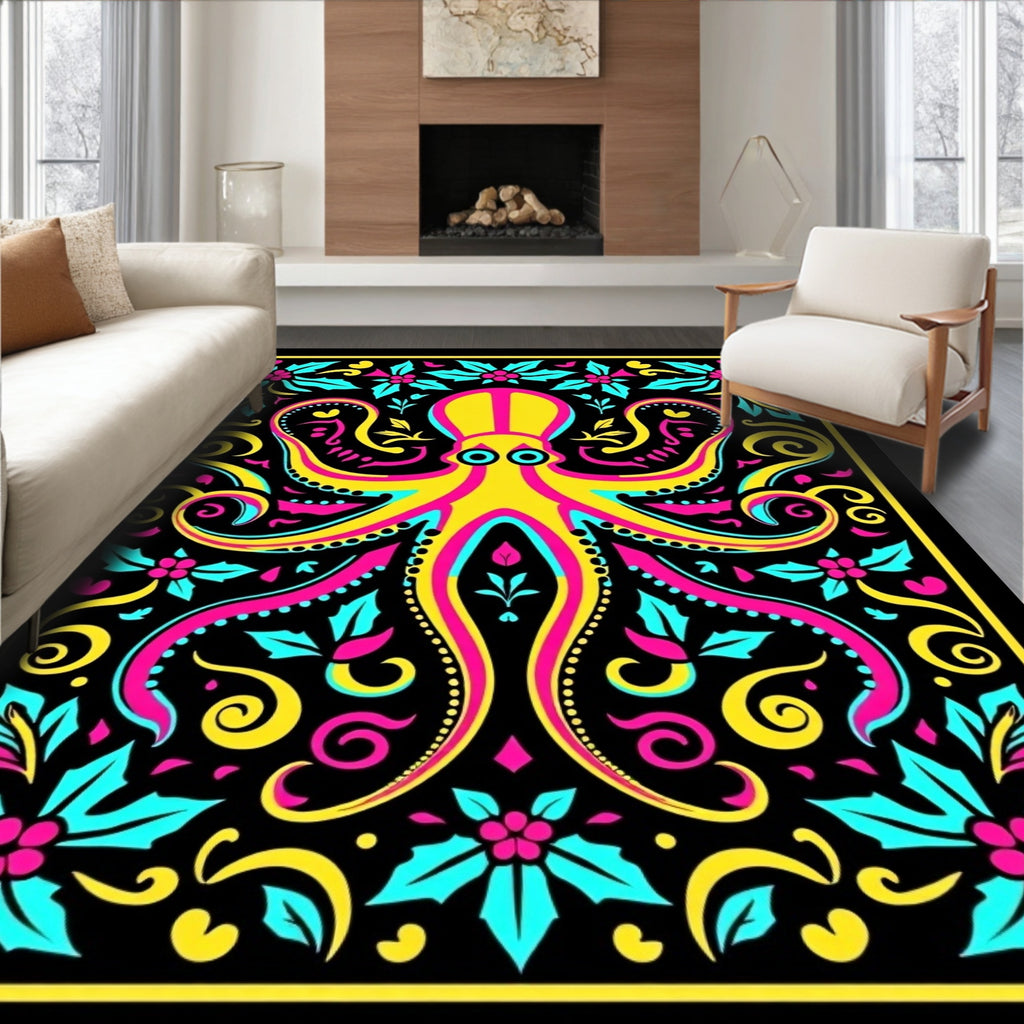 Vibrant Yellow Octopus Floral Arrangement Rug