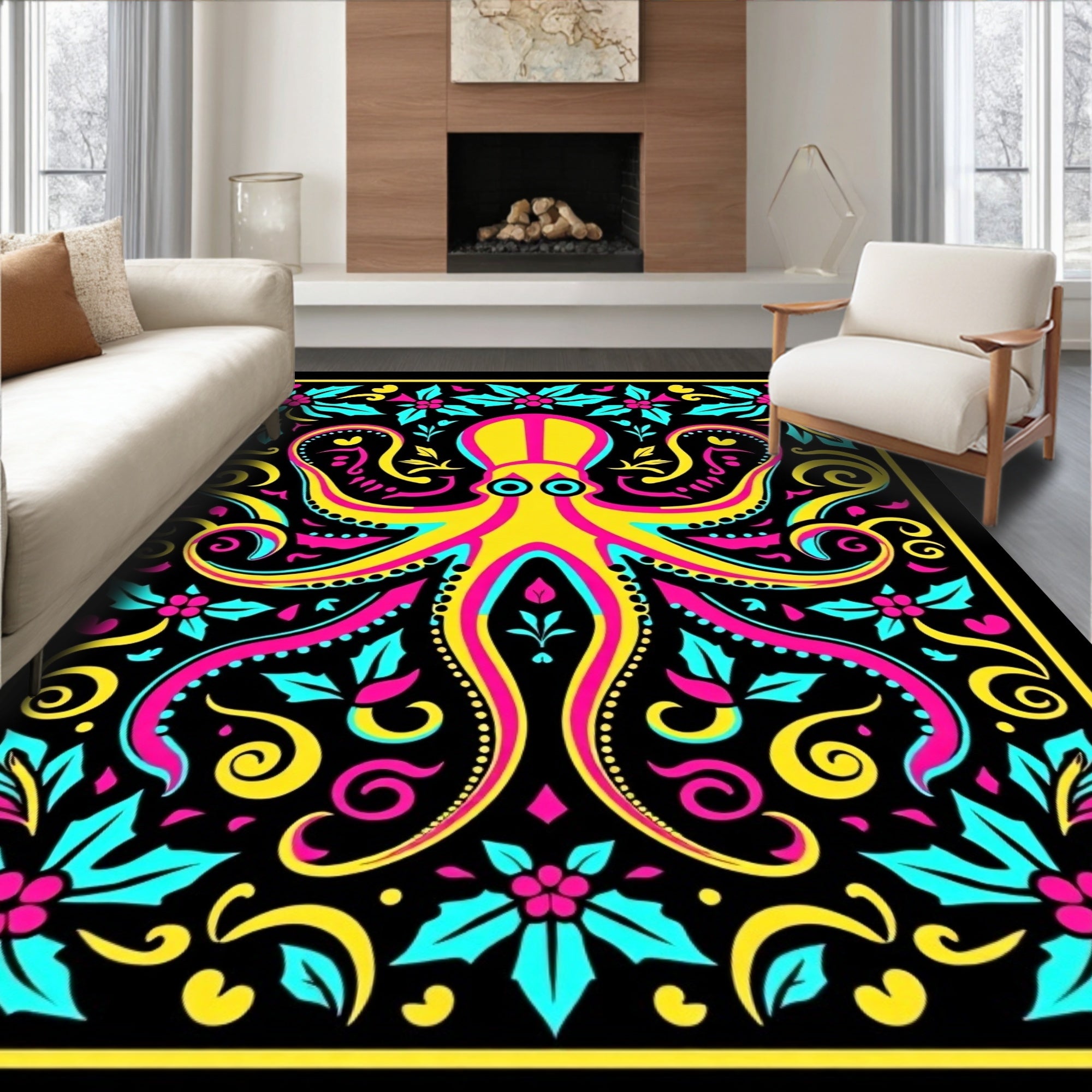 Vibrant Yellow Octopus Floral Arrangement Rug