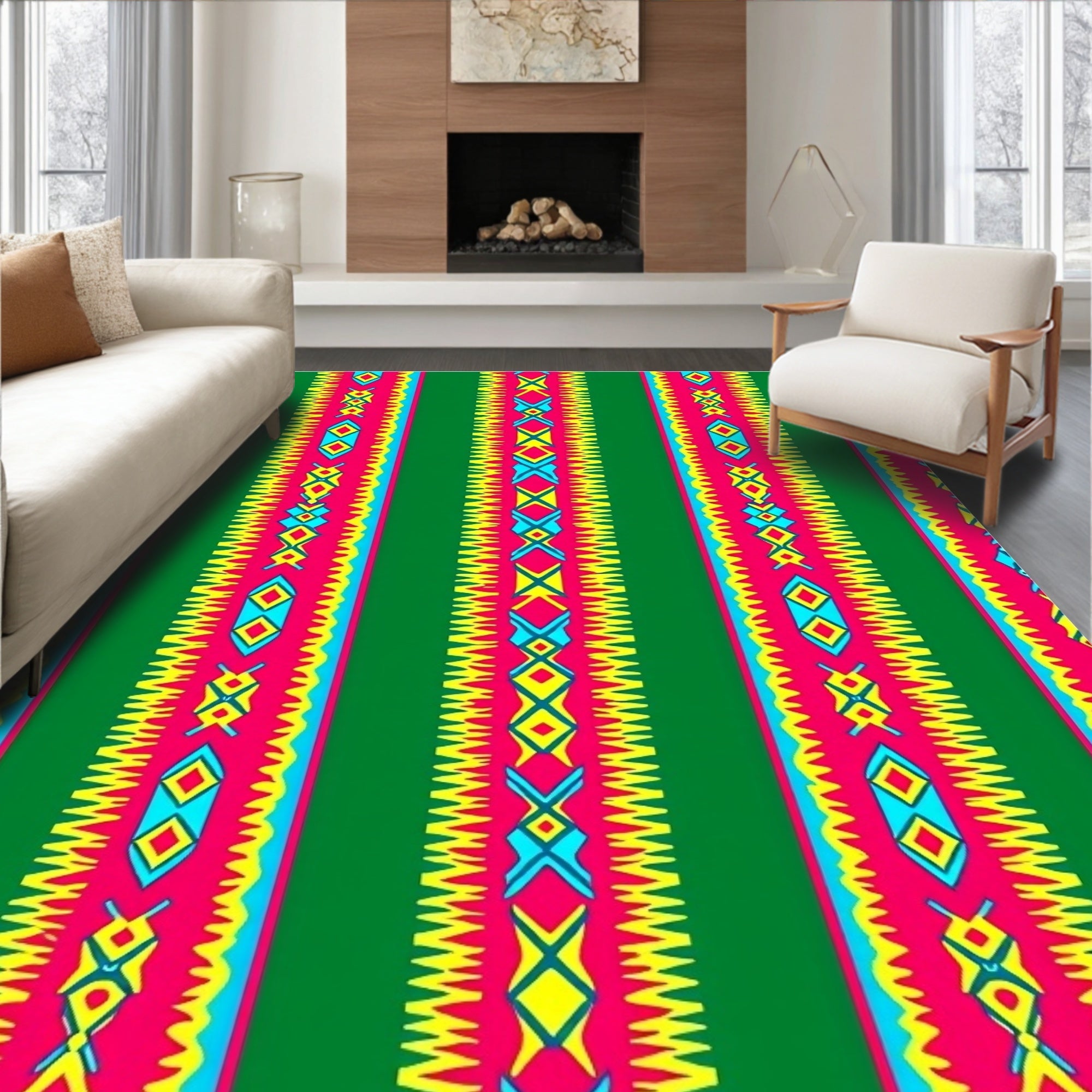 Vibrant Green Red Tribal Stripe Rug