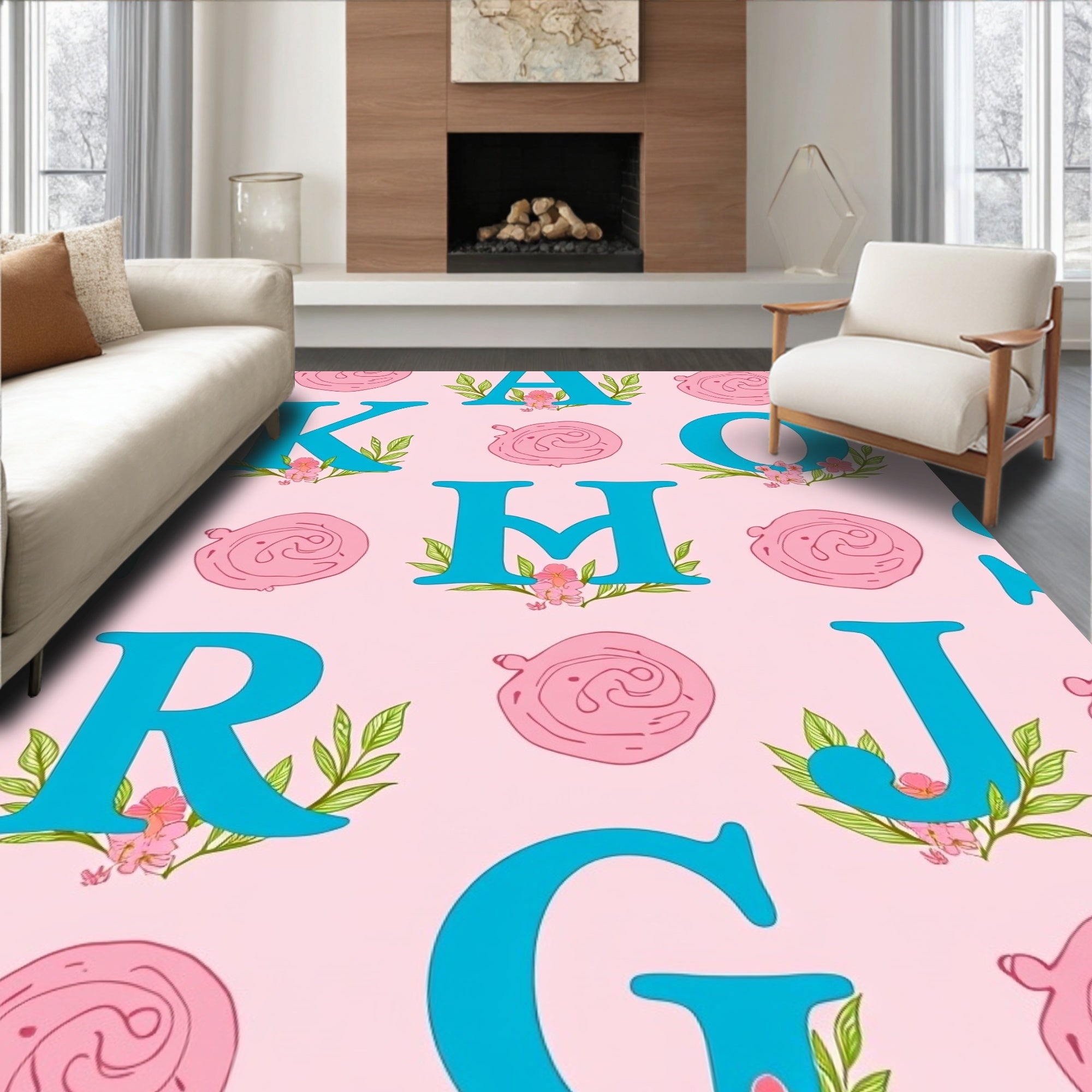 Aqua Alphabet Pink Swirl Floral Rug