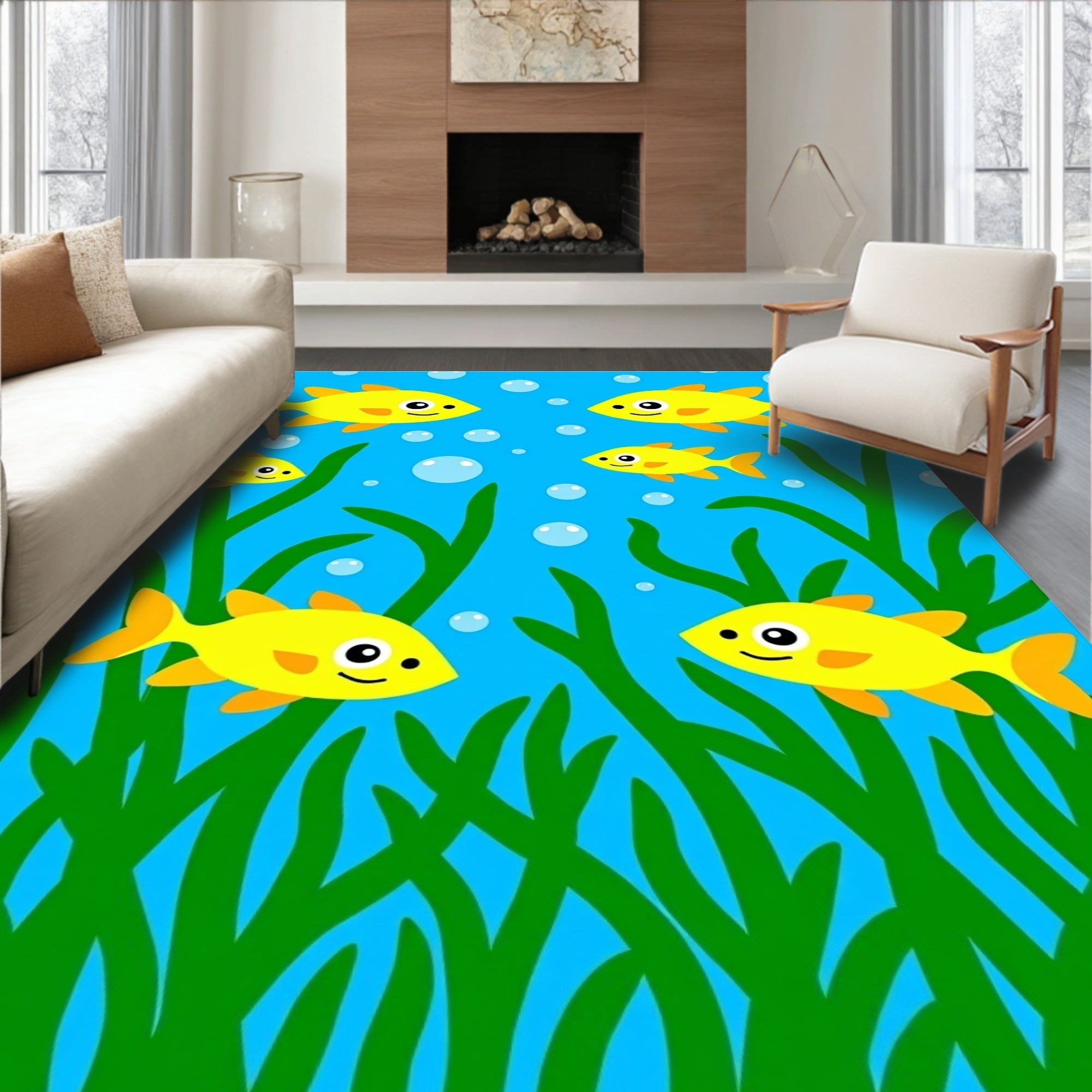 Bright Yellow Fish Bubbles Ocean Life Rug