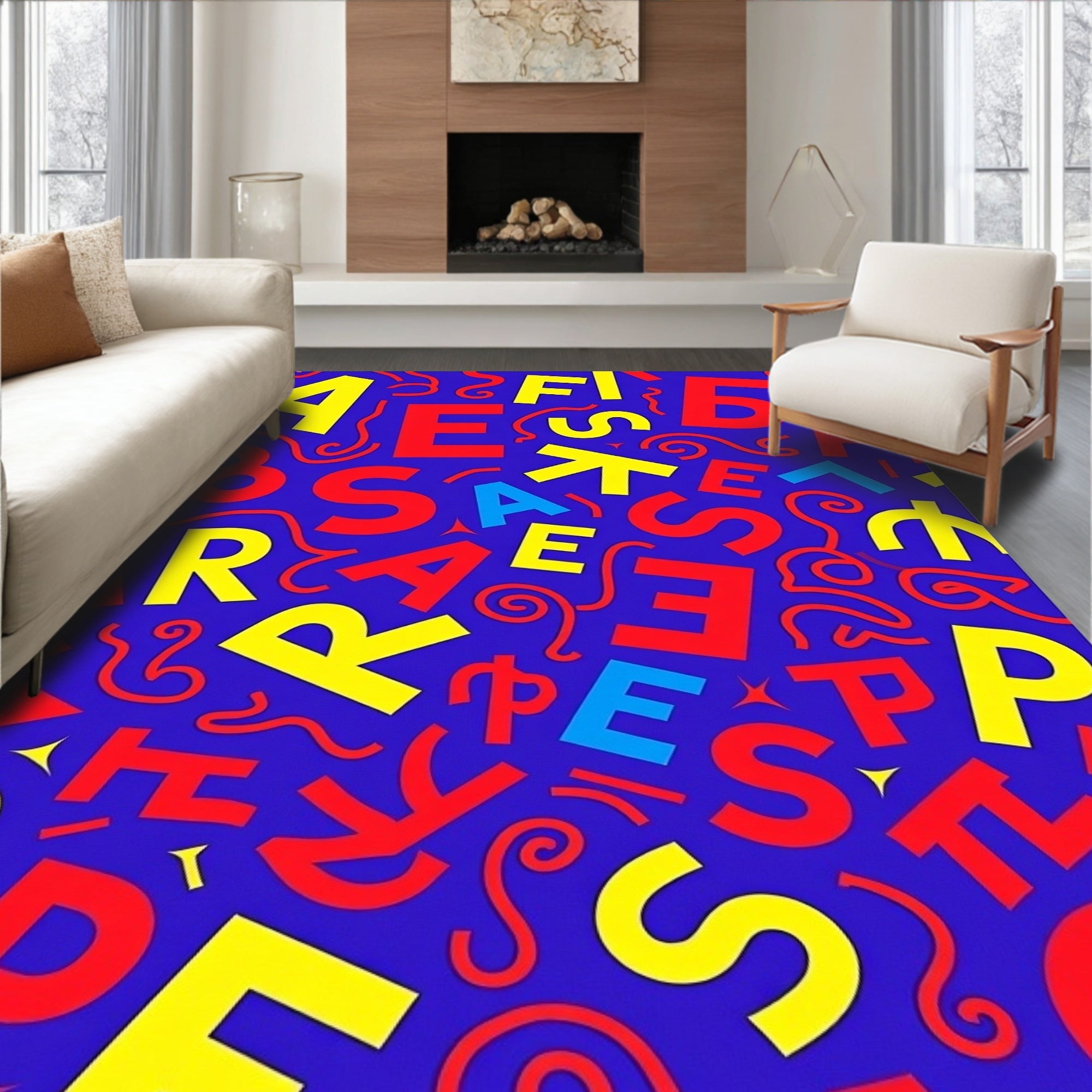 Retro Alphabet Collage Blue Rug