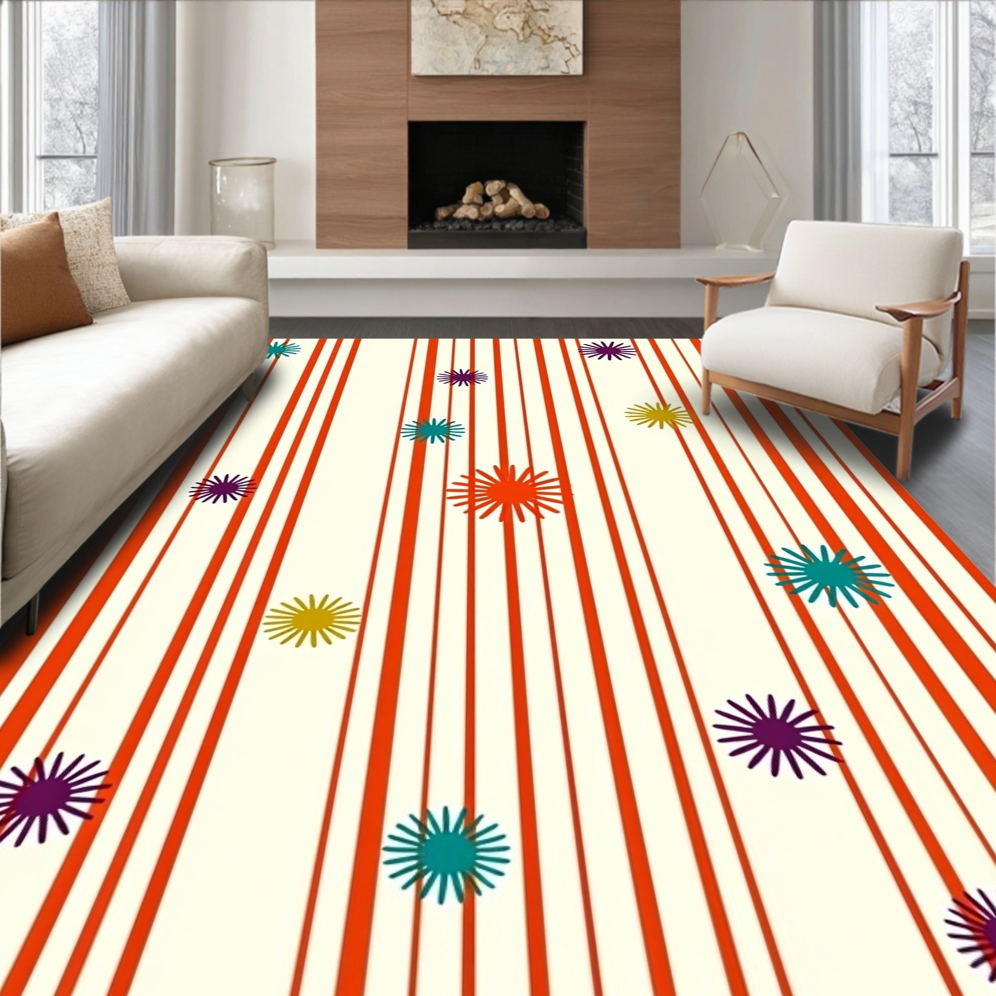 Retro Orange Striped Starburst Field Rug