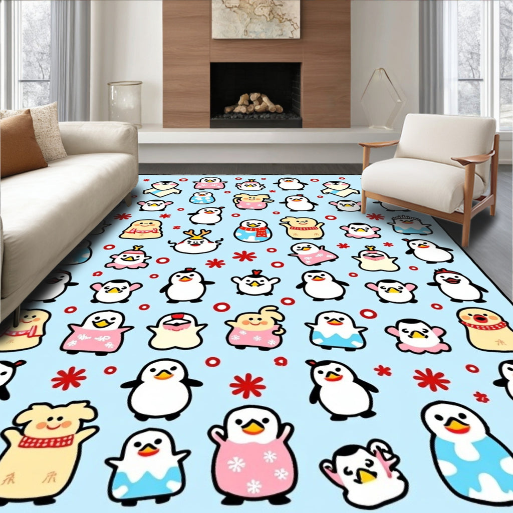 Cute Penguin Characters Light Blue Background Rug