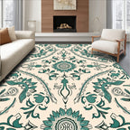 Teal Floral Medallion Cream Rug