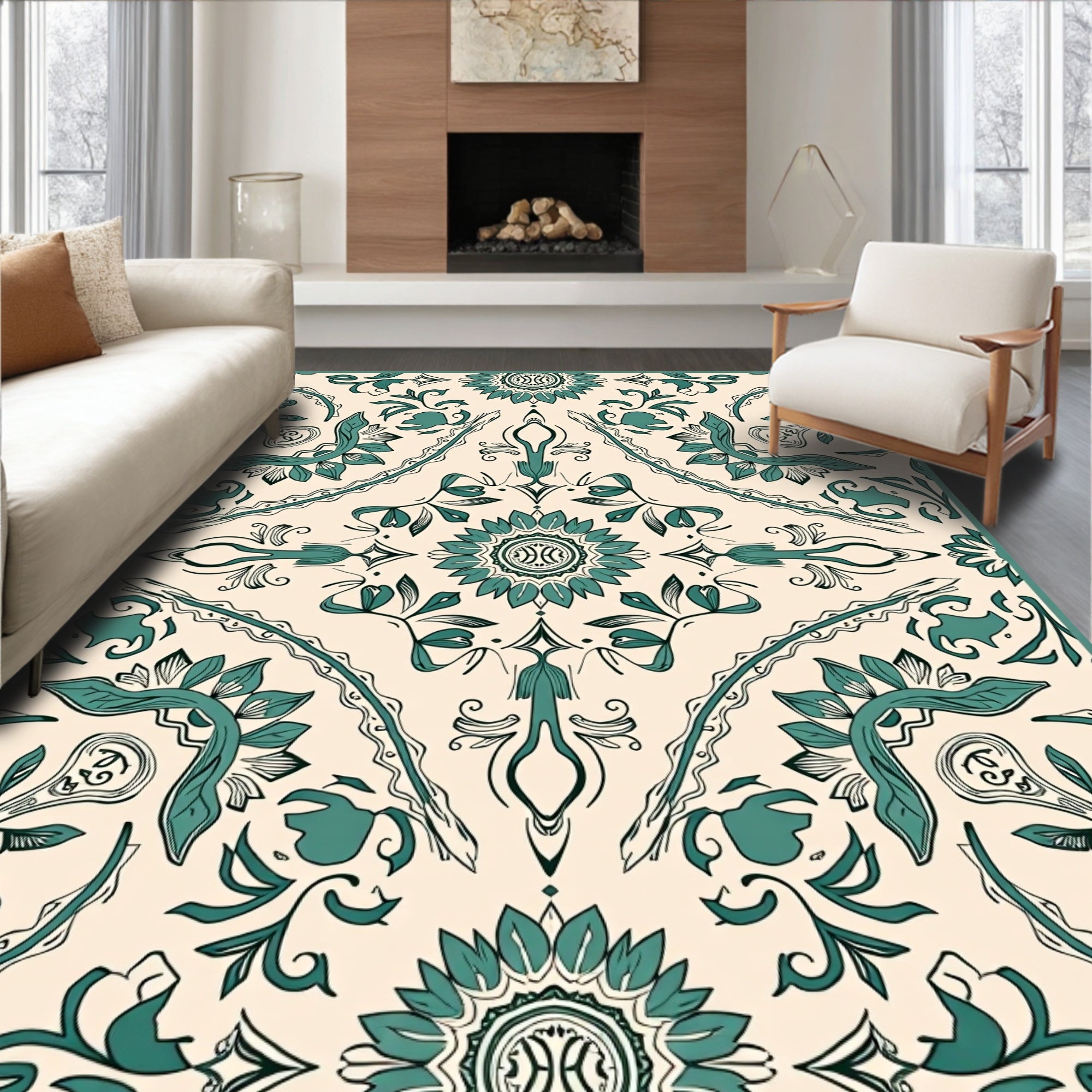 Teal Floral Medallion Cream Rug