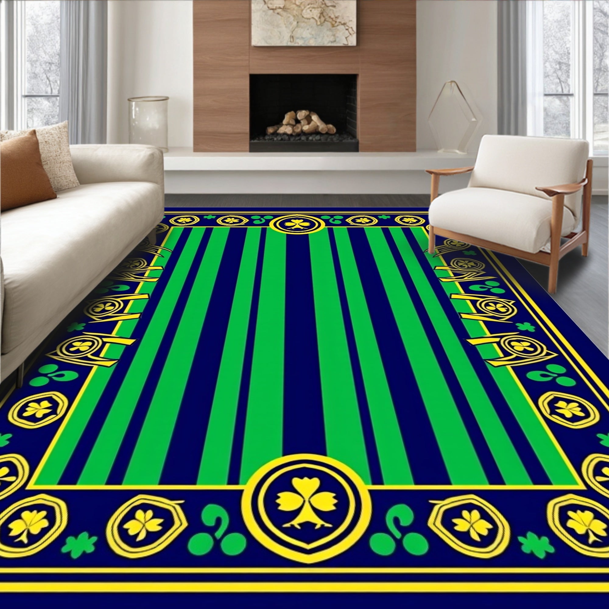 Navy Green Striped Shamrock Border Rug