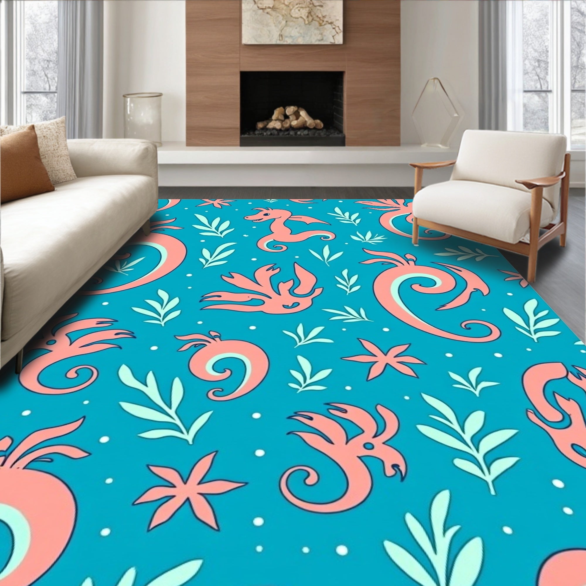 Coral Dragon and Flora Aqua Rug
