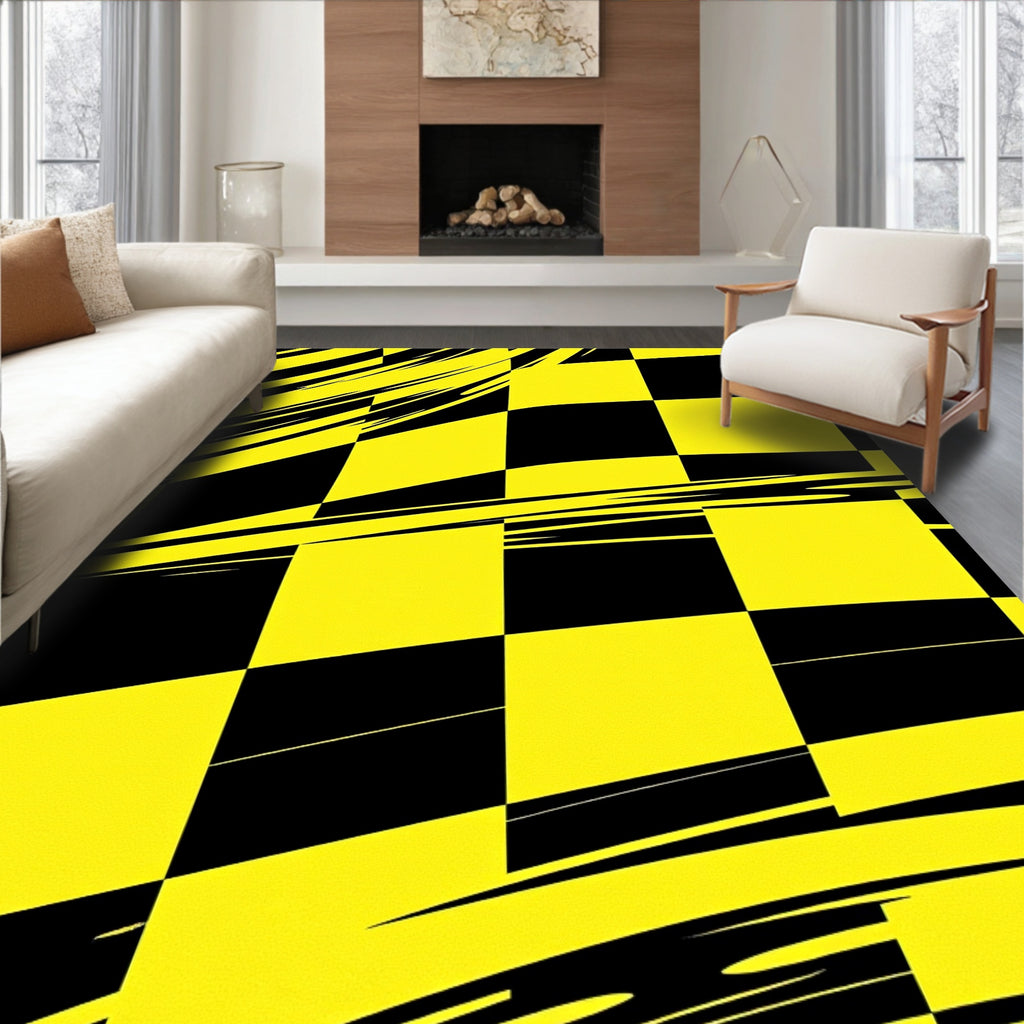 Dynamic Yellow Black Checkerboard Motion Rug