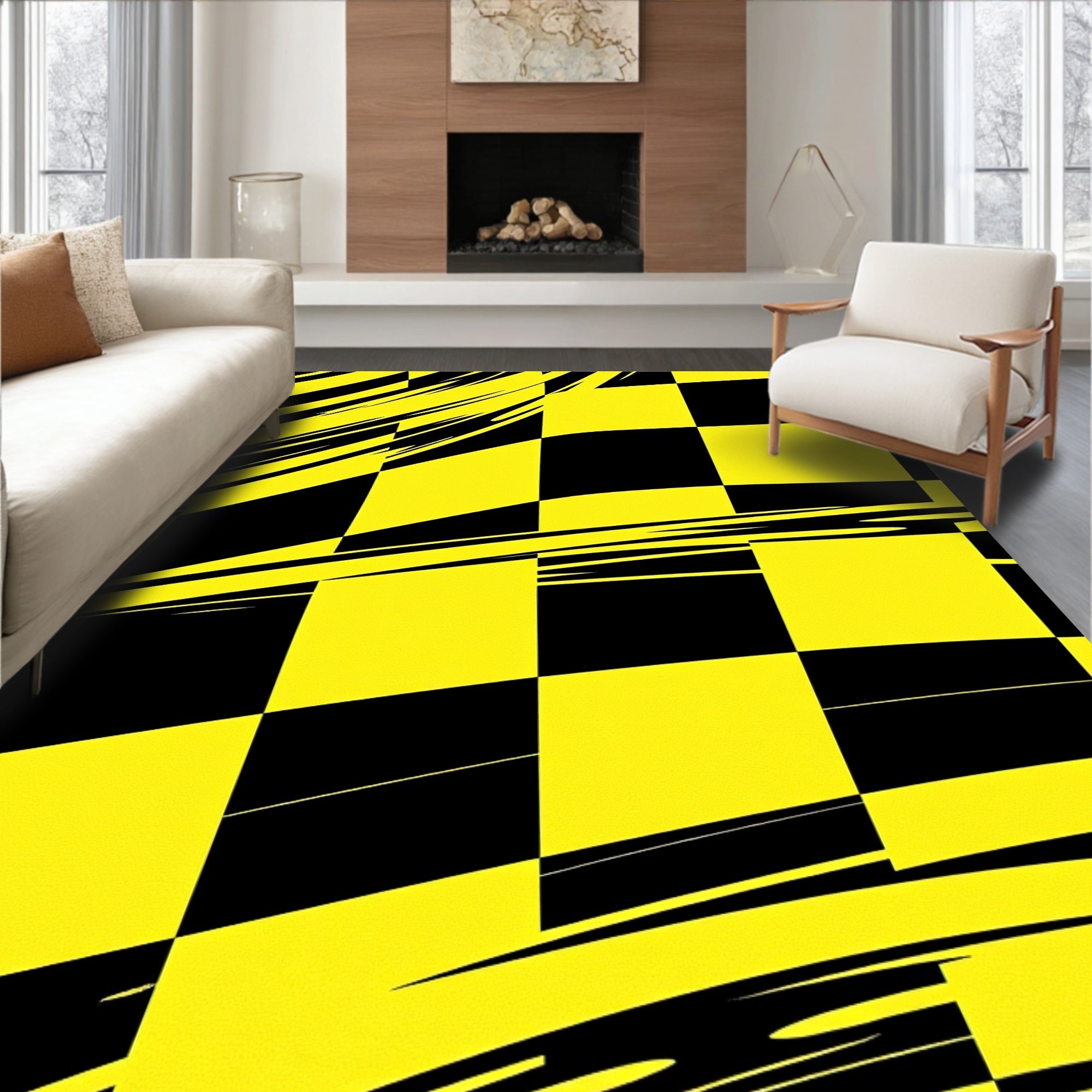 Dynamic Yellow Black Checkerboard Motion Rug