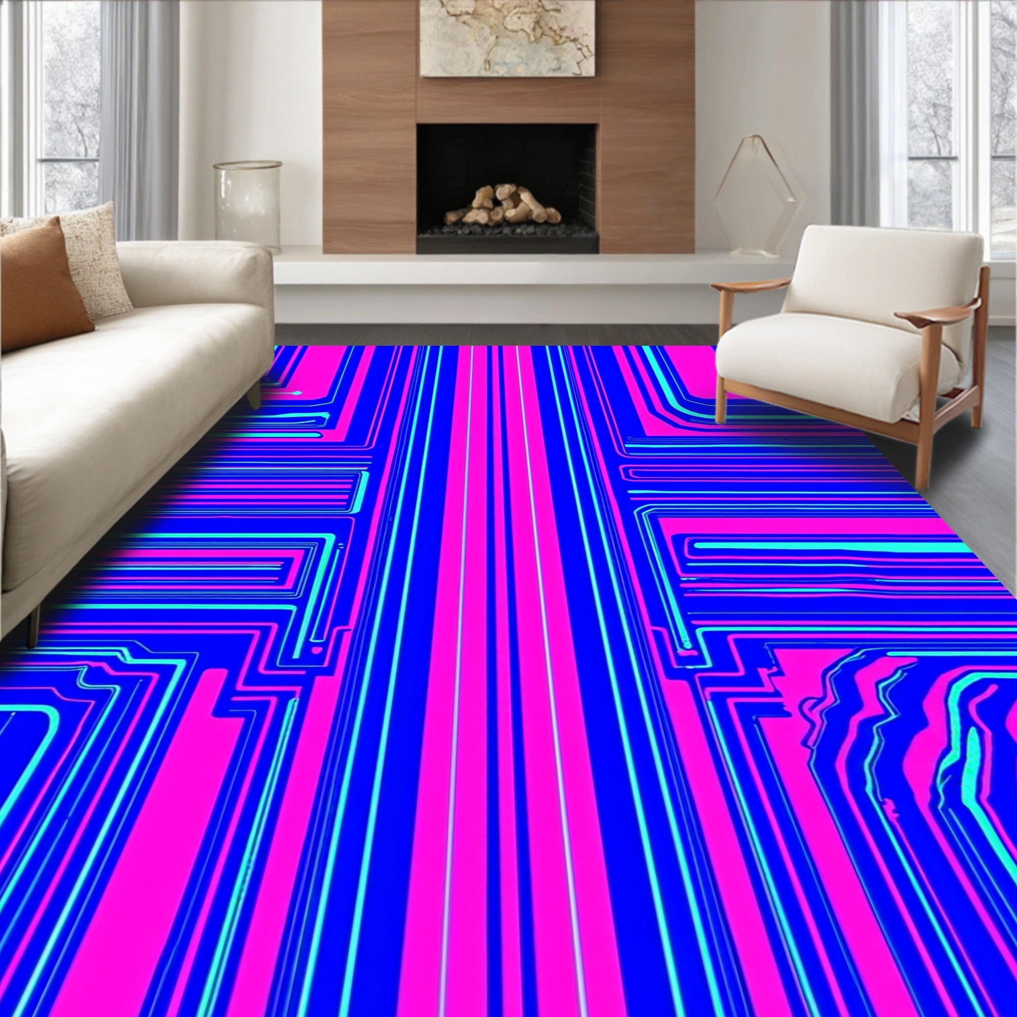 Bright Pink Blue Geometric Circuit Rug