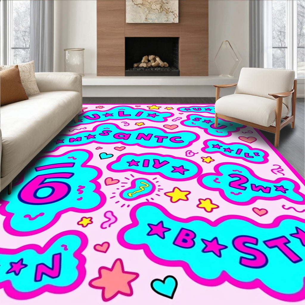 Pink Aqua Cloud Shapes Stars Hearts Rug