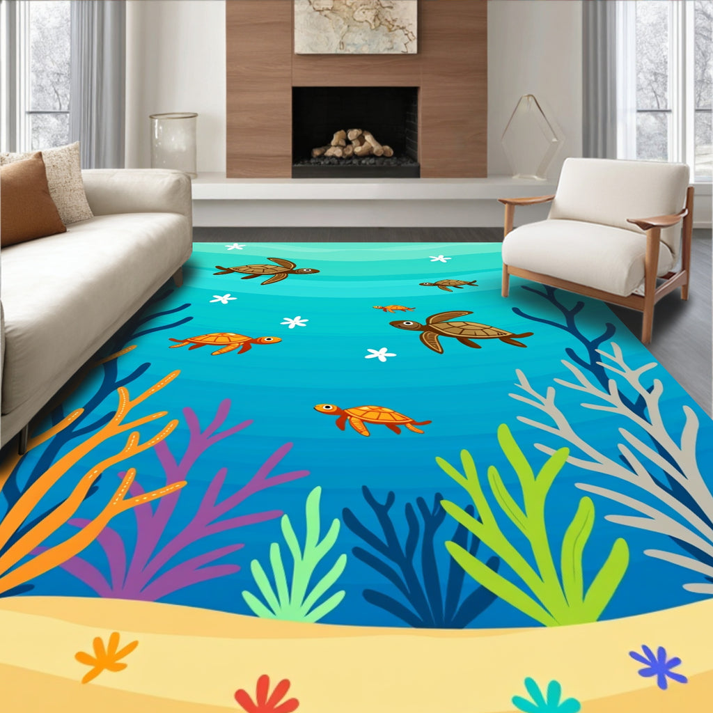 Whimsical Turtle Ocean Coral Reef Rug